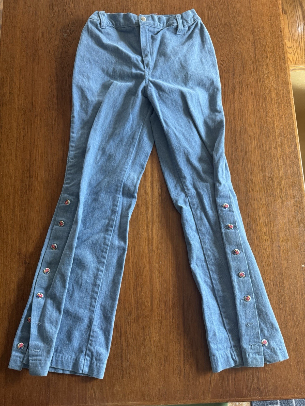 Vintage Bell Bottom Denim Jeans 1960s Flower Button 24×28 Women’s VTG