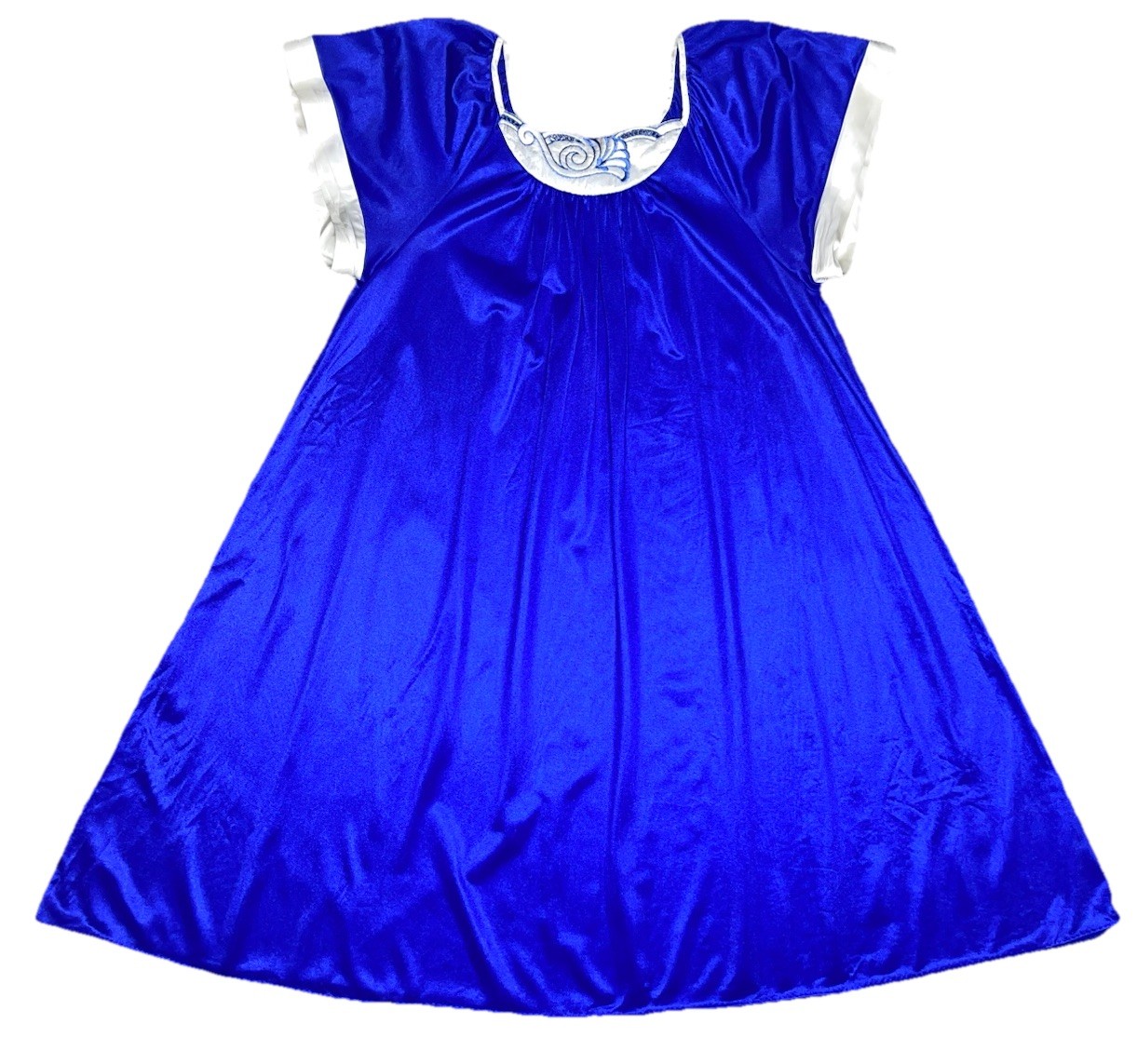 Vtg 80s Finesse Embroidered Nightgown Womens OSFM SM/LG Royal Blue Sleepwear