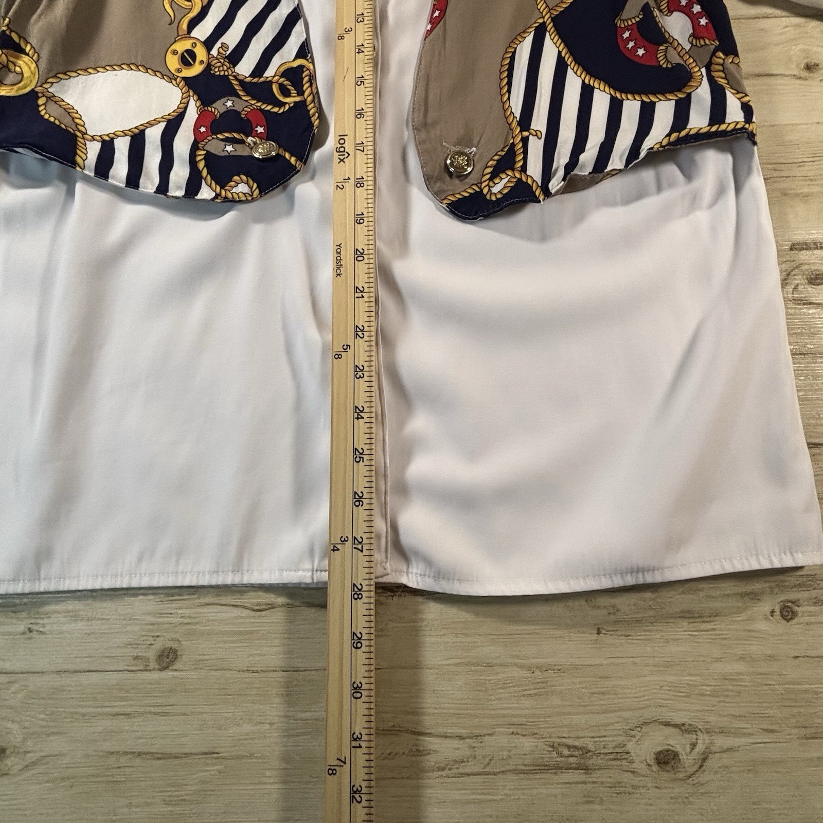 Vintage Kathie Lee Nautical Blouse | Rope Anchor Gold Button Coastal | 14