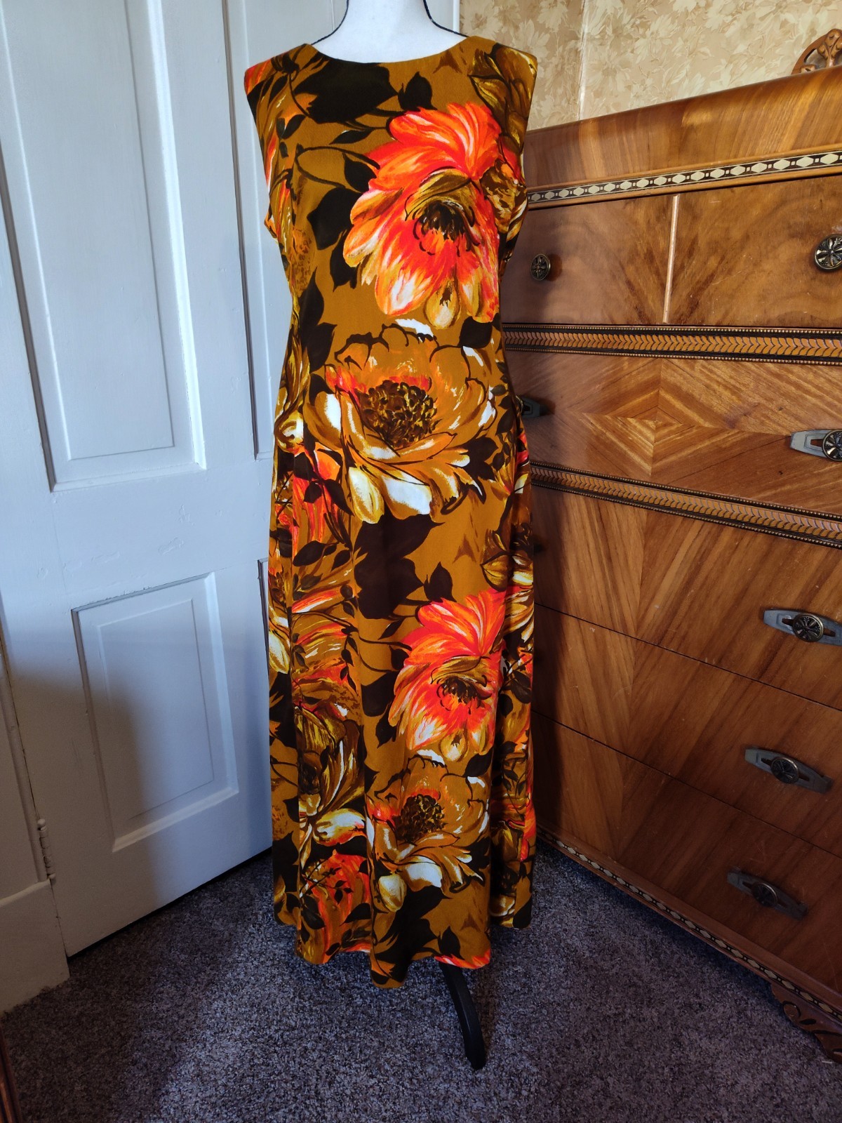 Vintage 60s Penneys Hawaii Brown Orange Floral Barkcloth Maxi Dress Medium