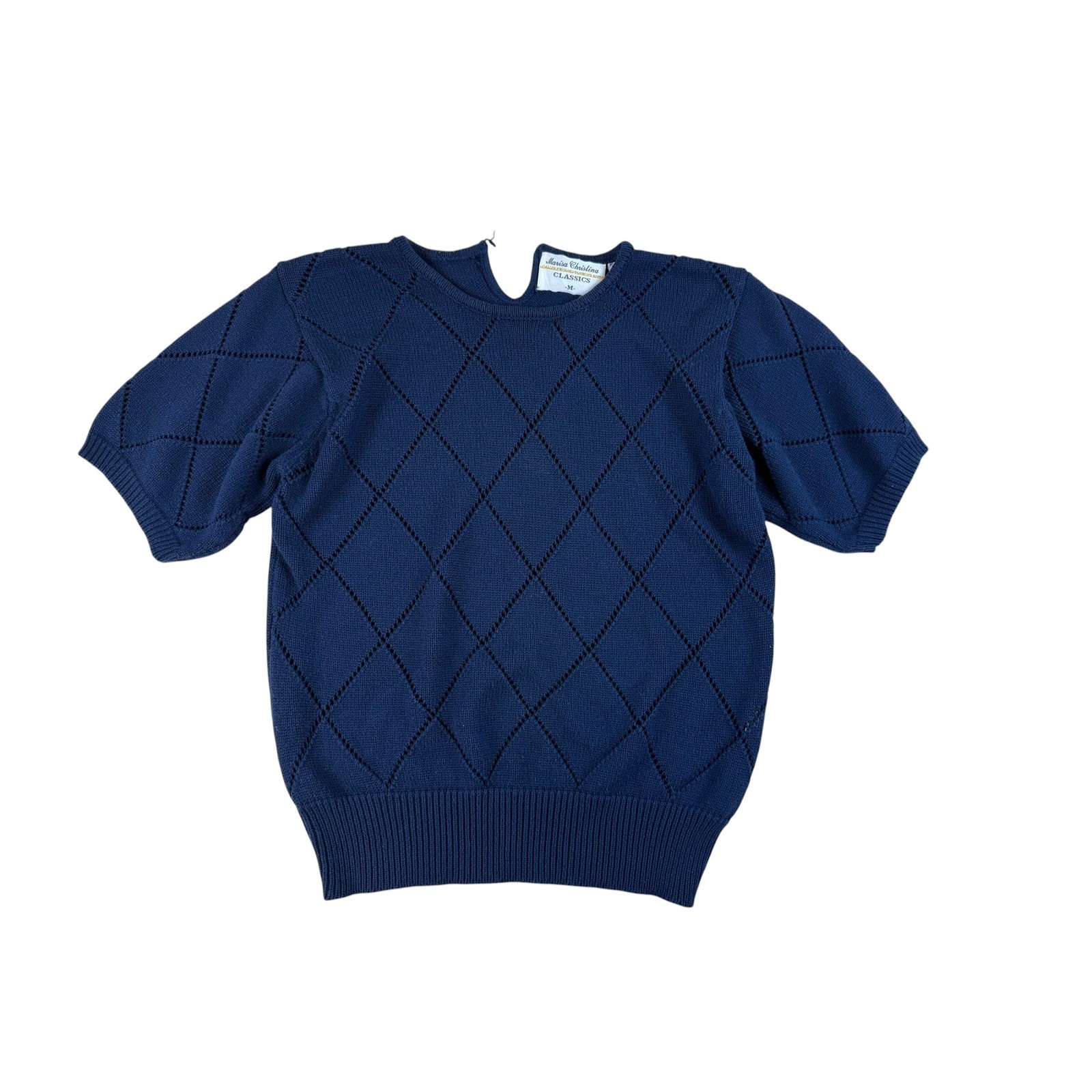 Marisa Christina Medium Sweater Navy Blue Preppy Cotton Blend Pointelle Knit