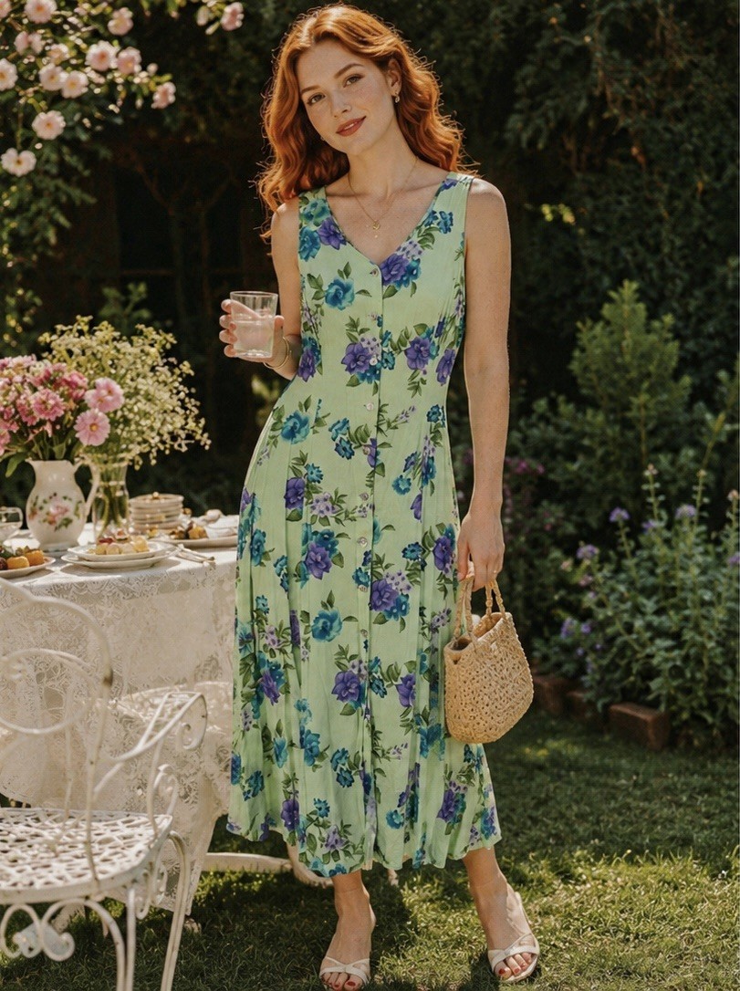 BFA Classics Vintage 90s Floral Tank Maxi Dress Pale Green Purple & Blue Flowers