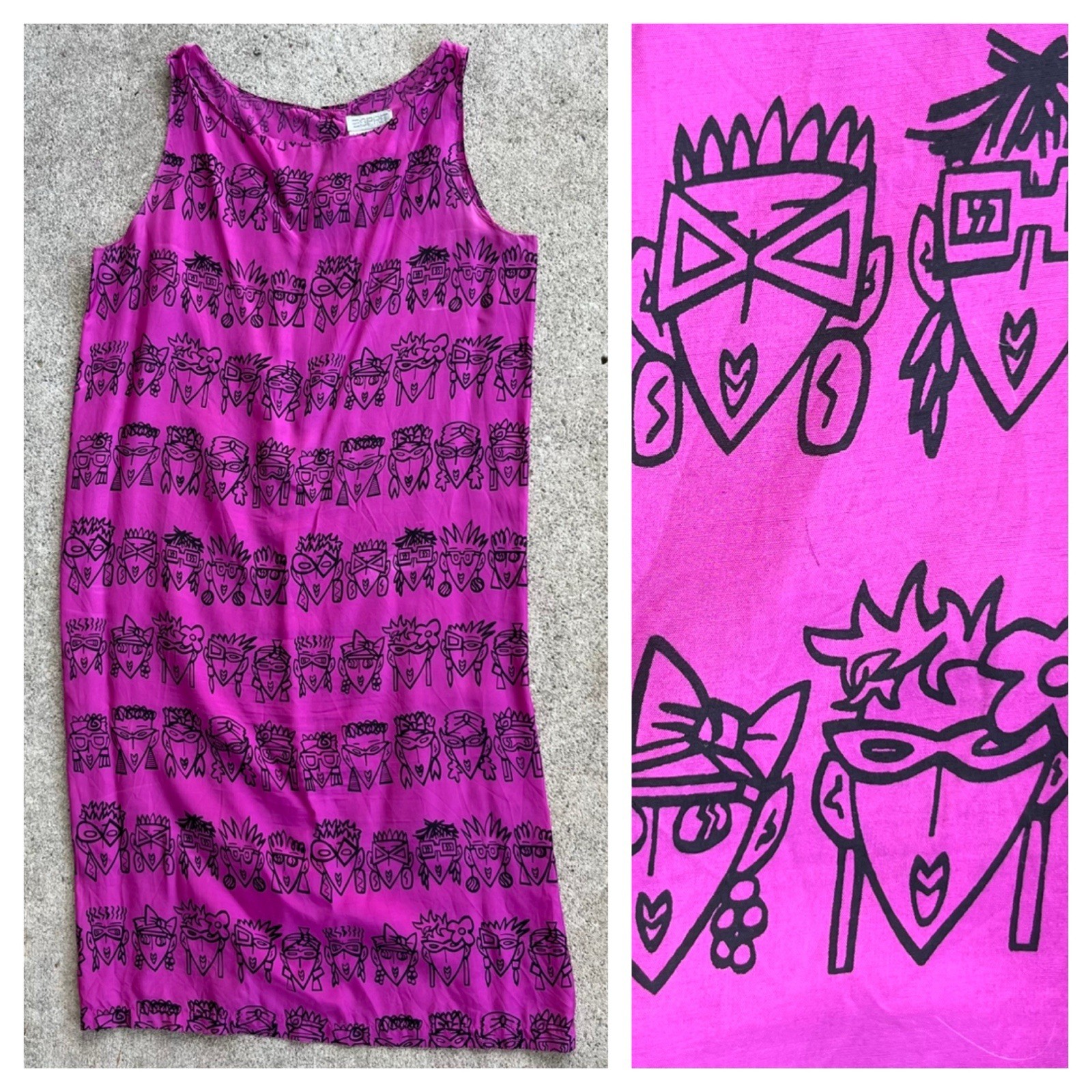 Vintage 80s 90s Esprit Dress Novelty Print Rayon Graffiti Faces Fuchsia Shift M