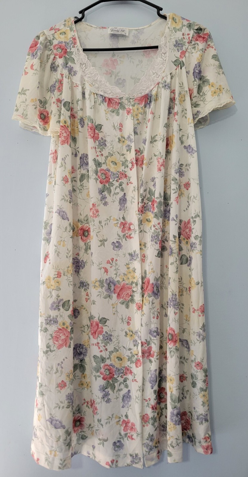 Vtg Vanity Fair Floral Robe/Gown Button Front S Lace Neck Inset Knee Length READ