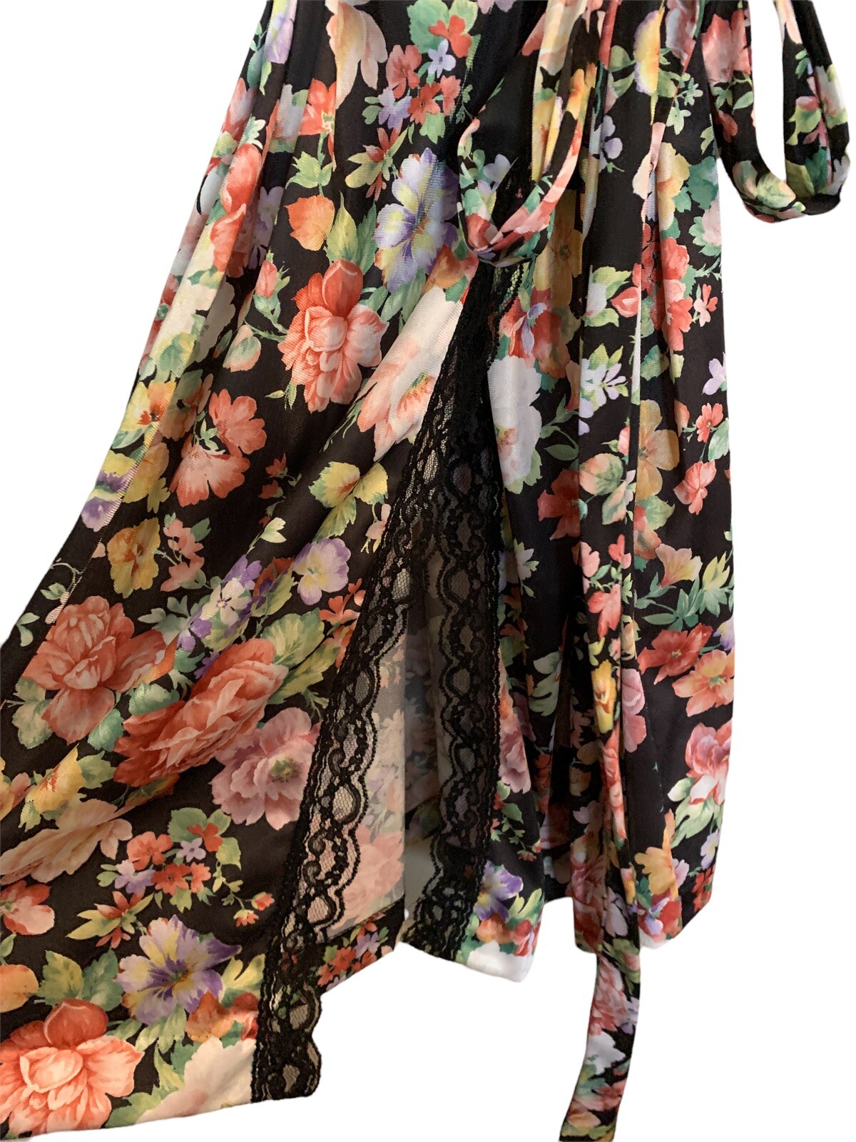 Lorraine Large Black Floral Robe Tie Glossy Satin Lace Trim Flower USA Sleepwear