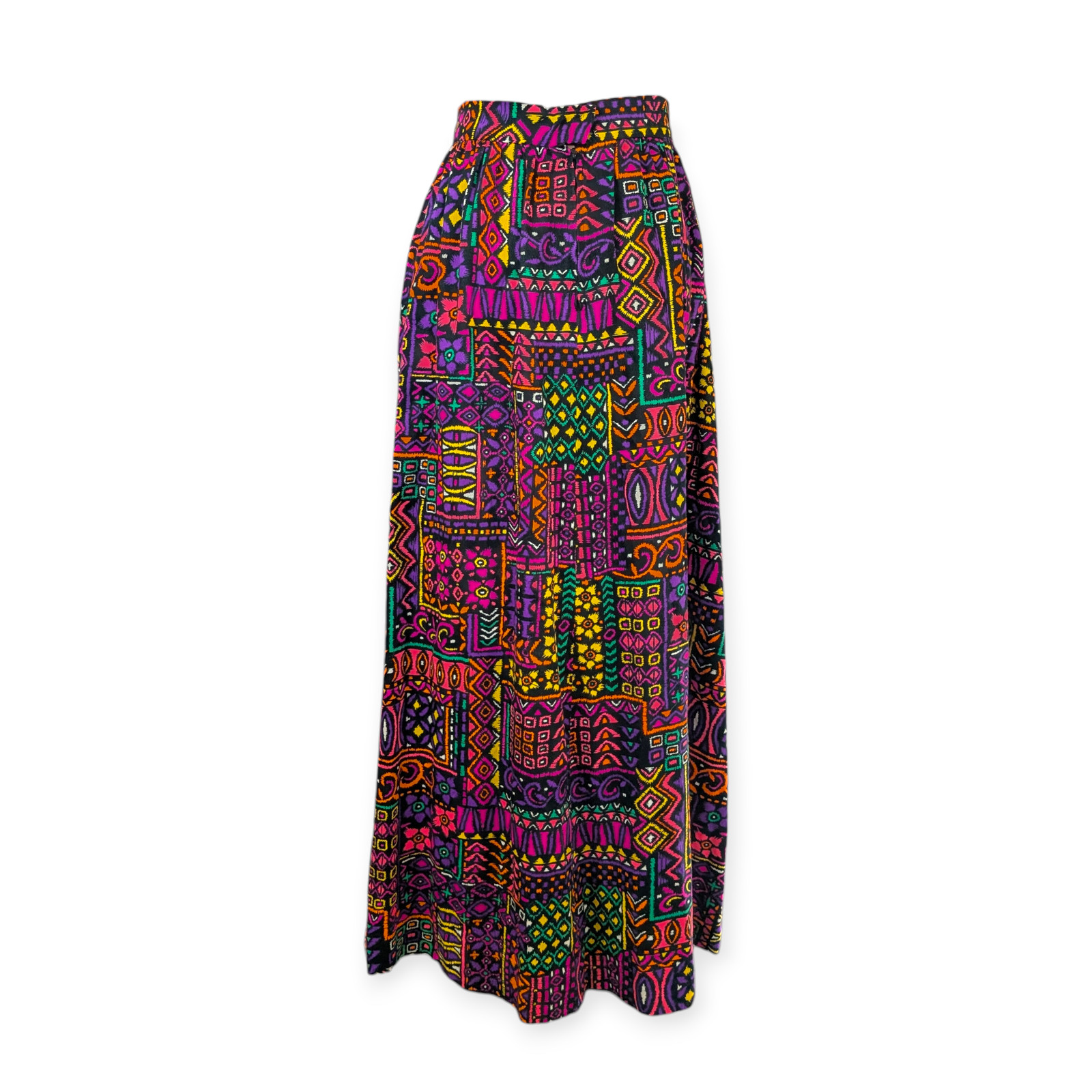 60s 70s Barkcloth Wood Block Print Maxi Skirt ~ neon small groovy
