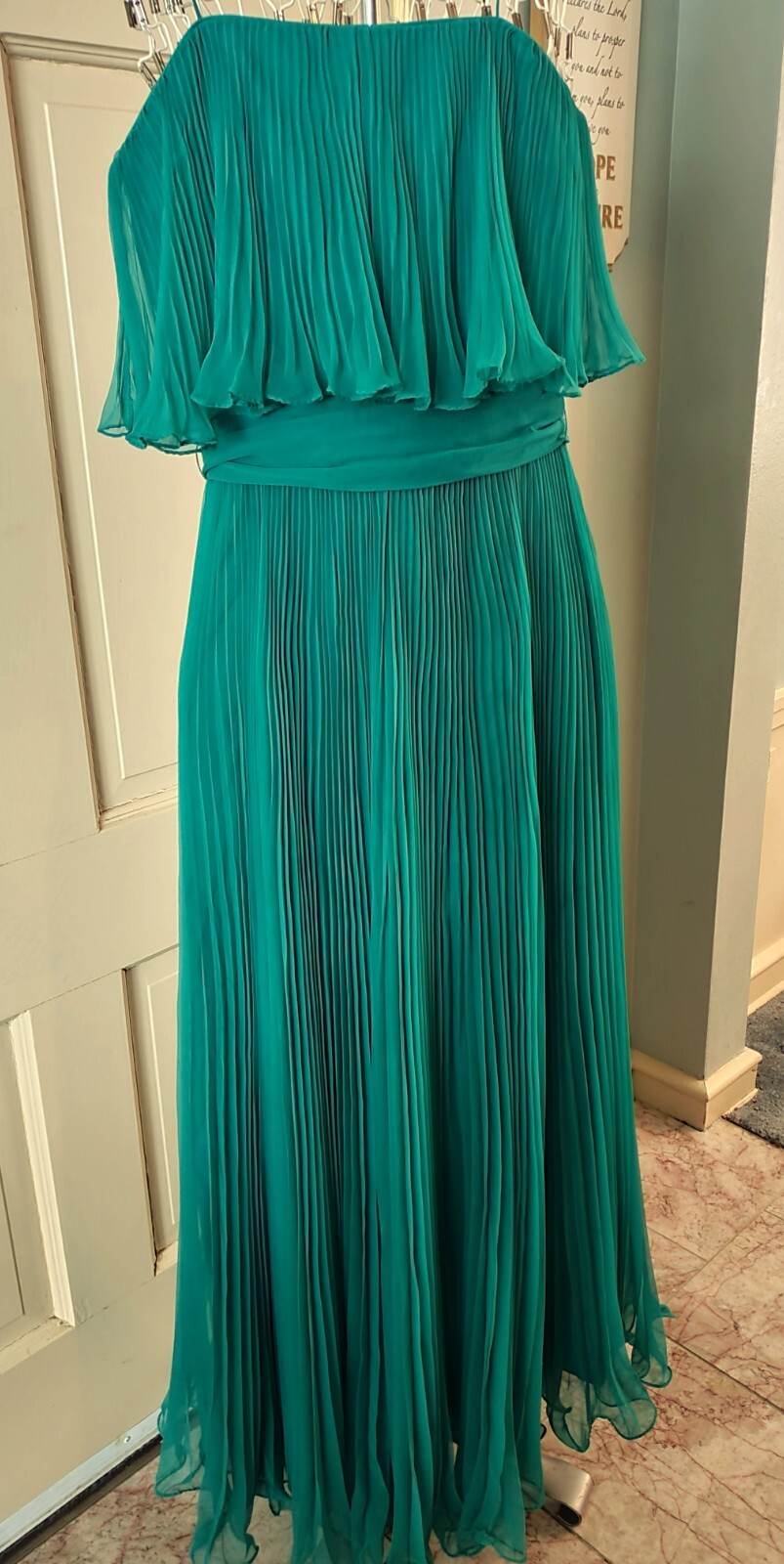 VTG 70s SHEER CHIFFON PLEATED DRESS GOWN Jade Green SIZE S/M Prom Wedding Formal