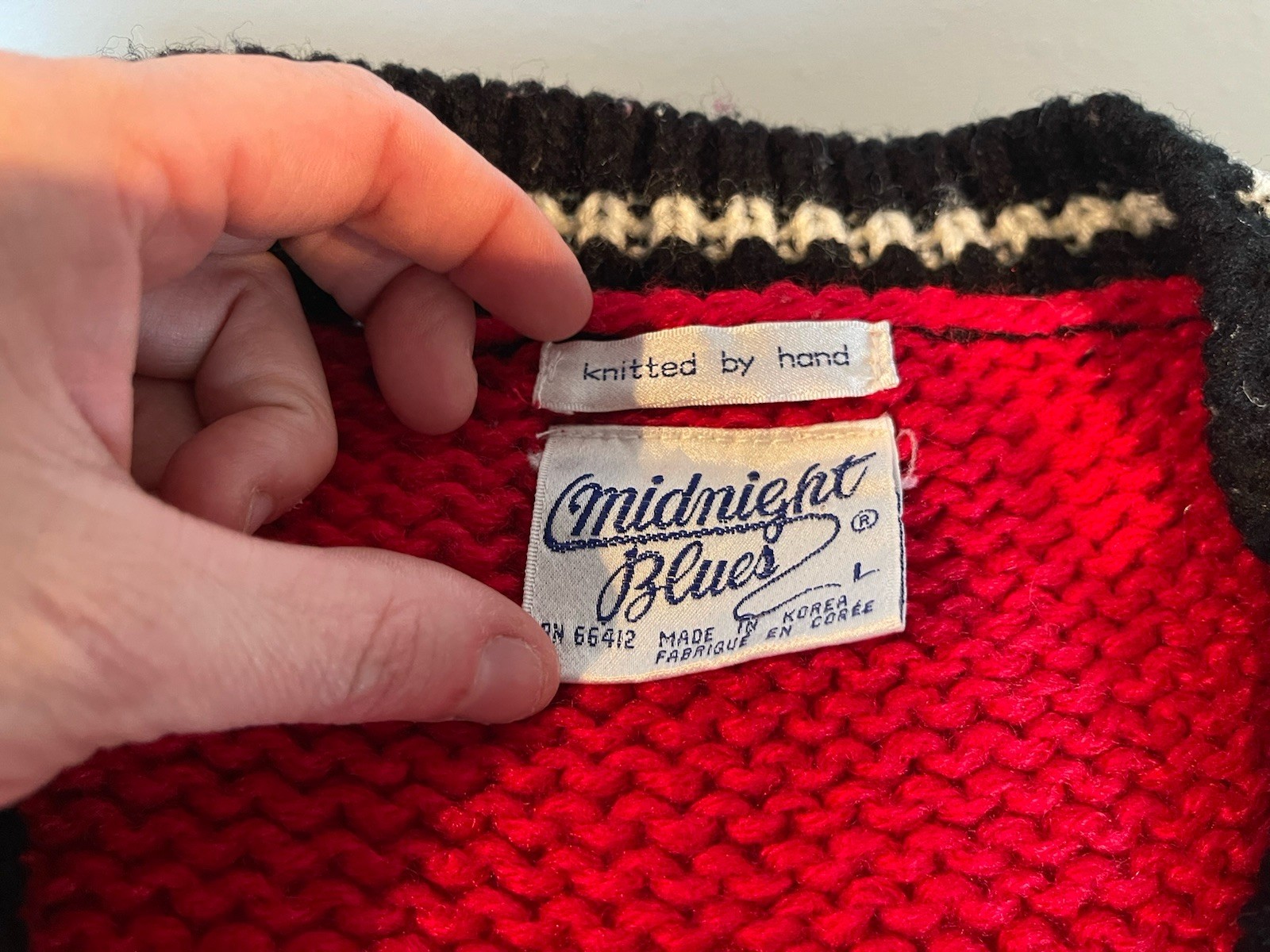 Vintage 80s Midnight Blues Hand Knit Wool Sweater Cardigan Red Black Pattern Kor