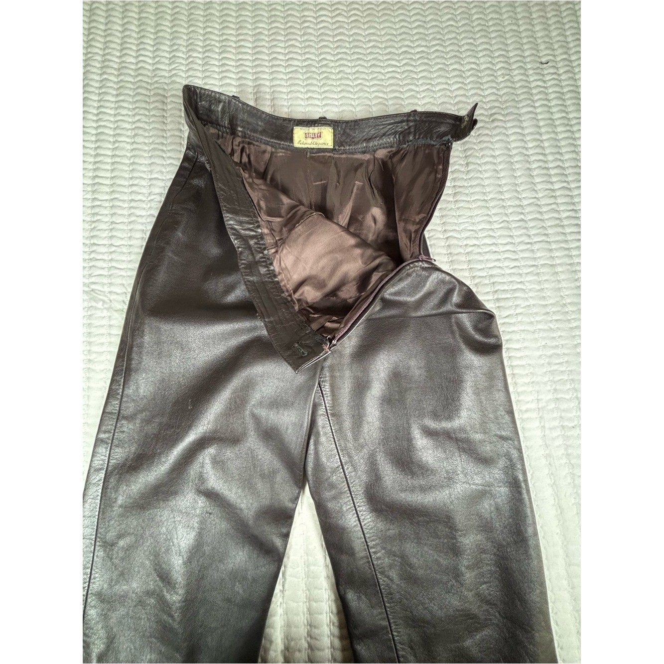Sisley Italy Brown Leather Pants Women’s Size 28 High Waist Tapered Vintage