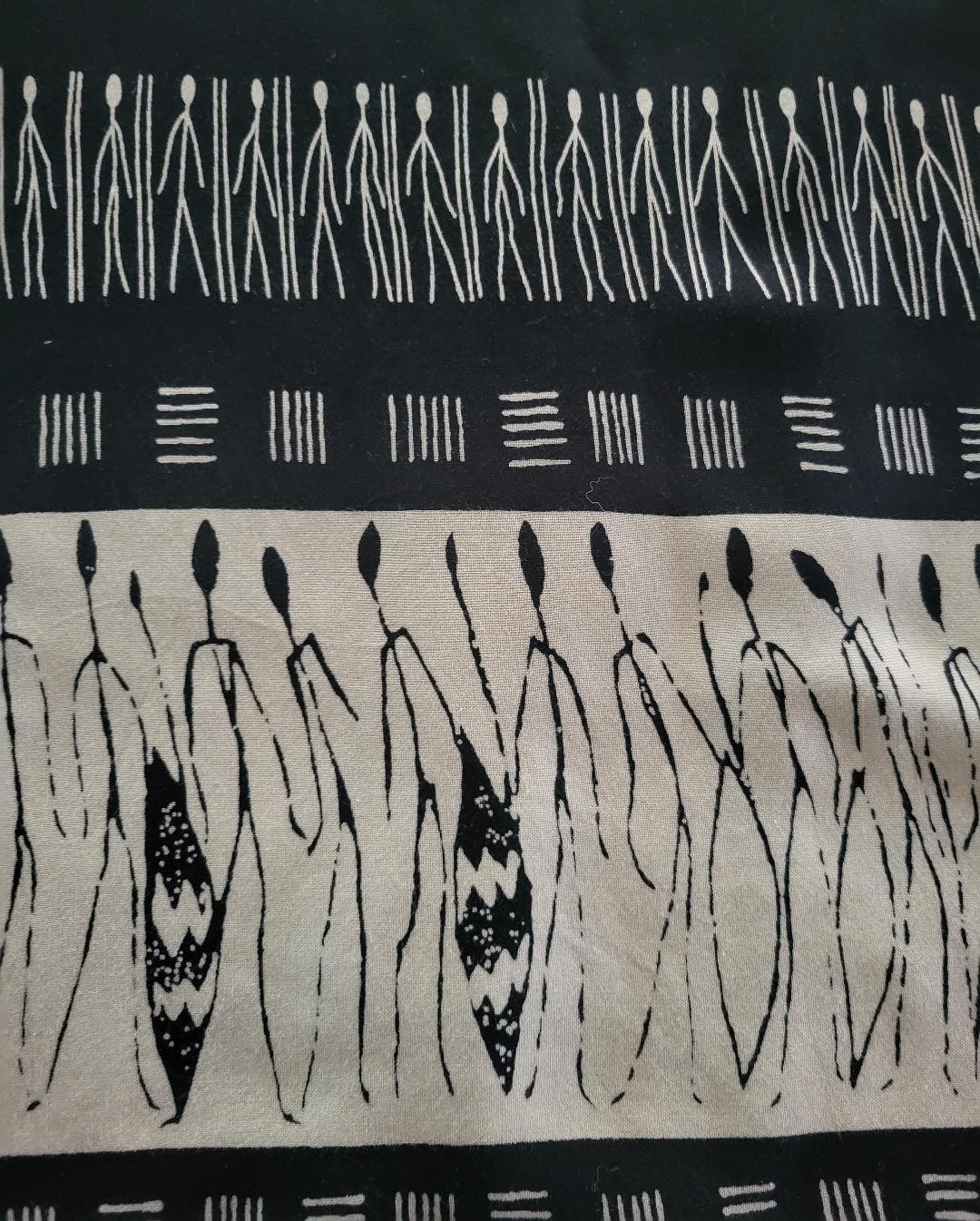 VTG Black Maxi Sleeveless Dress African Motif Rayon SZ 14 52″ L 20″ Across