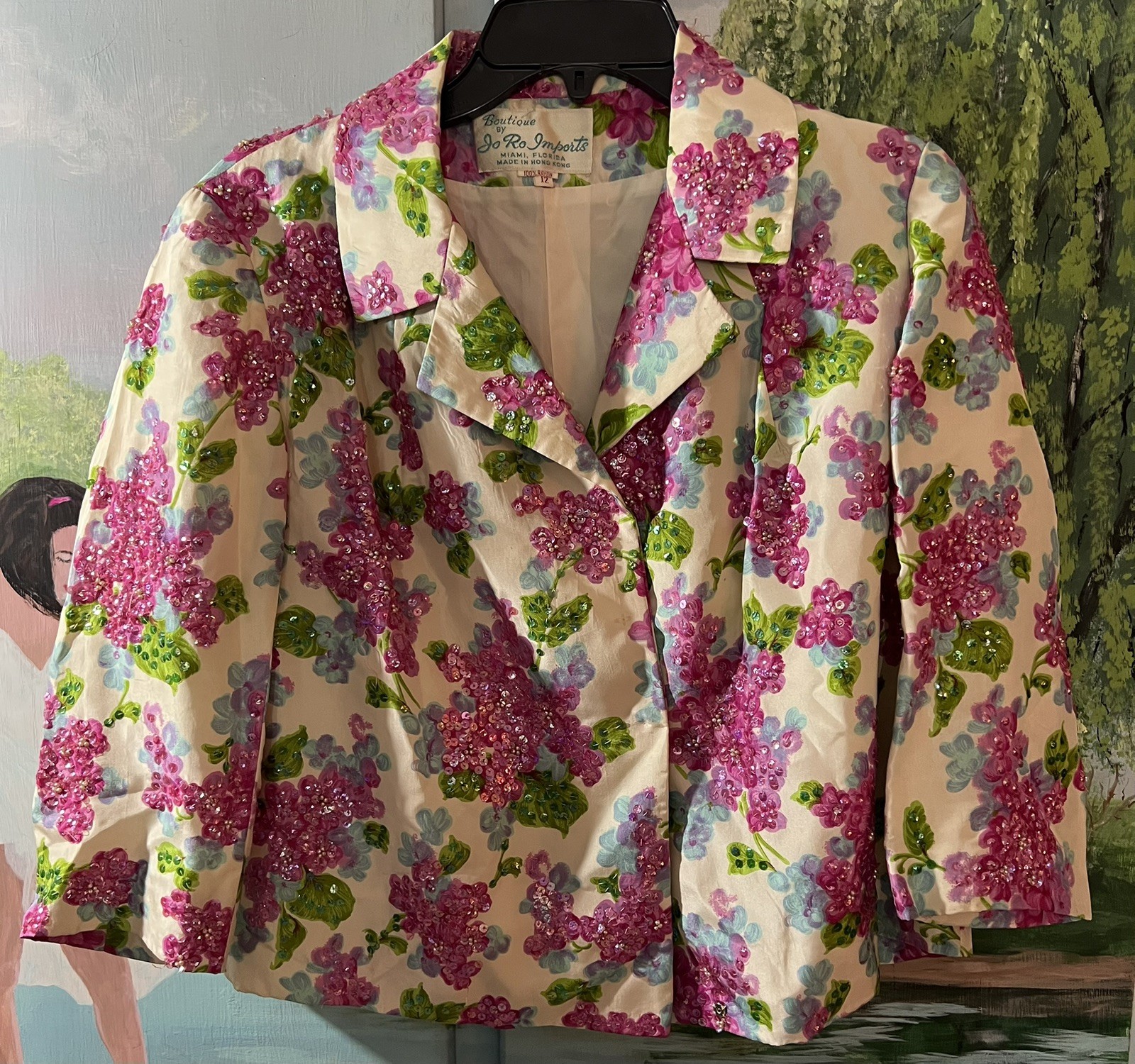 Vintage 50s Jo Ro Imports Beaded Sequins Blouse Jacket White Floral Size 12 M/L