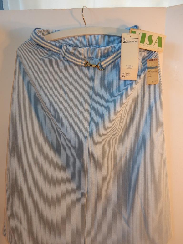 VINTAGE LADIES 1970s NOS SEERSUCKER BLUE WHITE PENCIL SKIRT 16 QUEEN CASUALS TAG