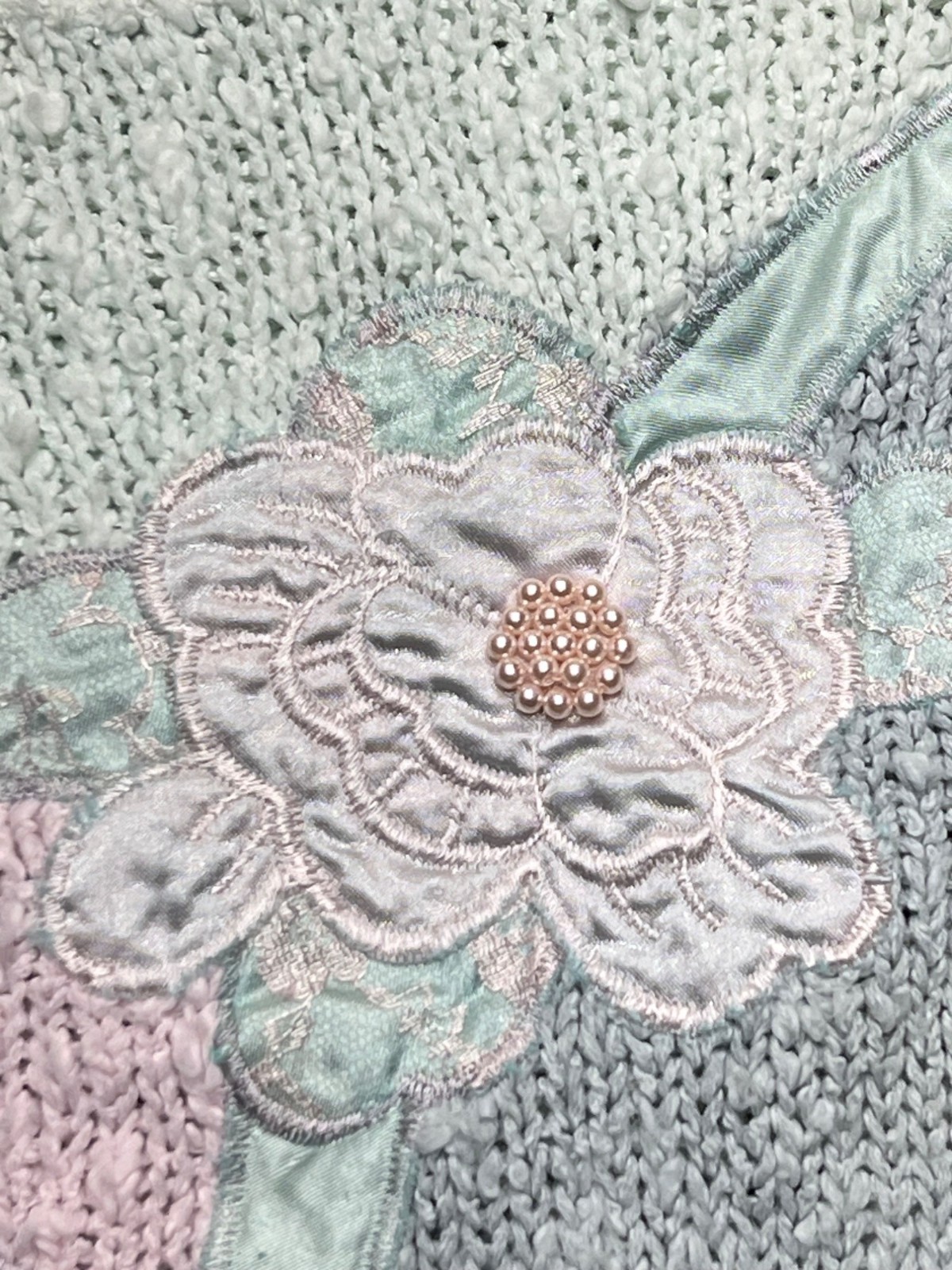 Vintage Sweater Pastel Floral Applique Embroidery Beads 80s Blue Pink Med