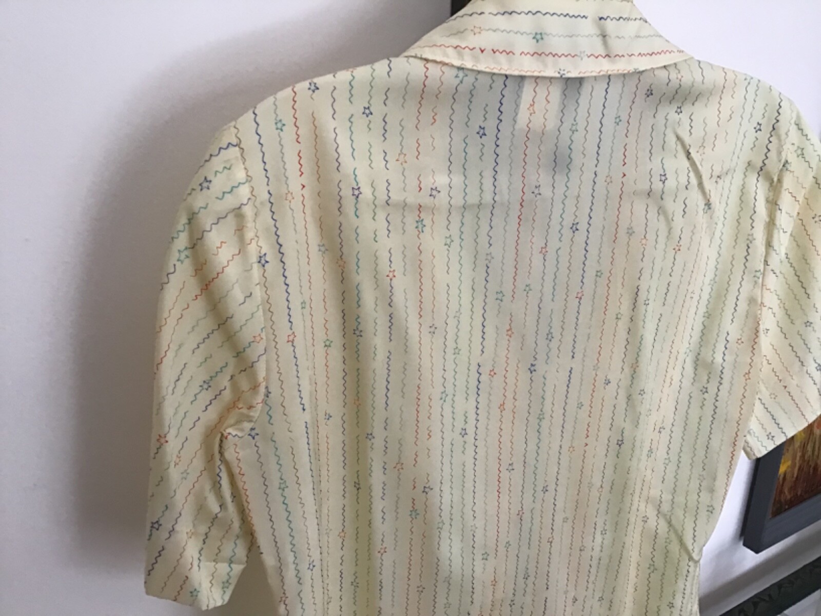 Vintage 70’s LANGTRY Polyester Lemon Chiffon Blouse w/ Stars & ZigZags Size 9/10