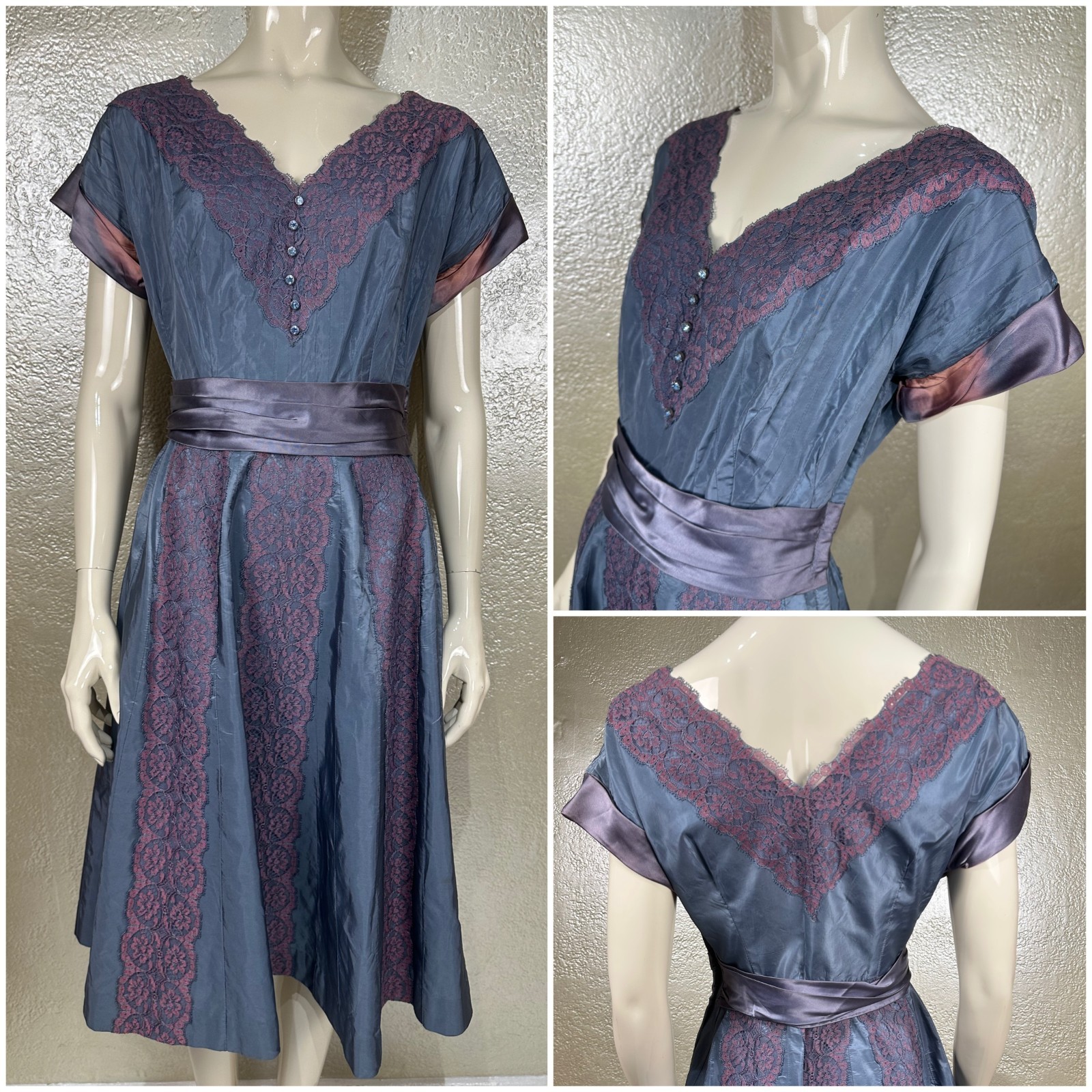 Vintage 1940’s Ladies Handmade Iridescent Purple Taffeta & Silk Dress Lace S