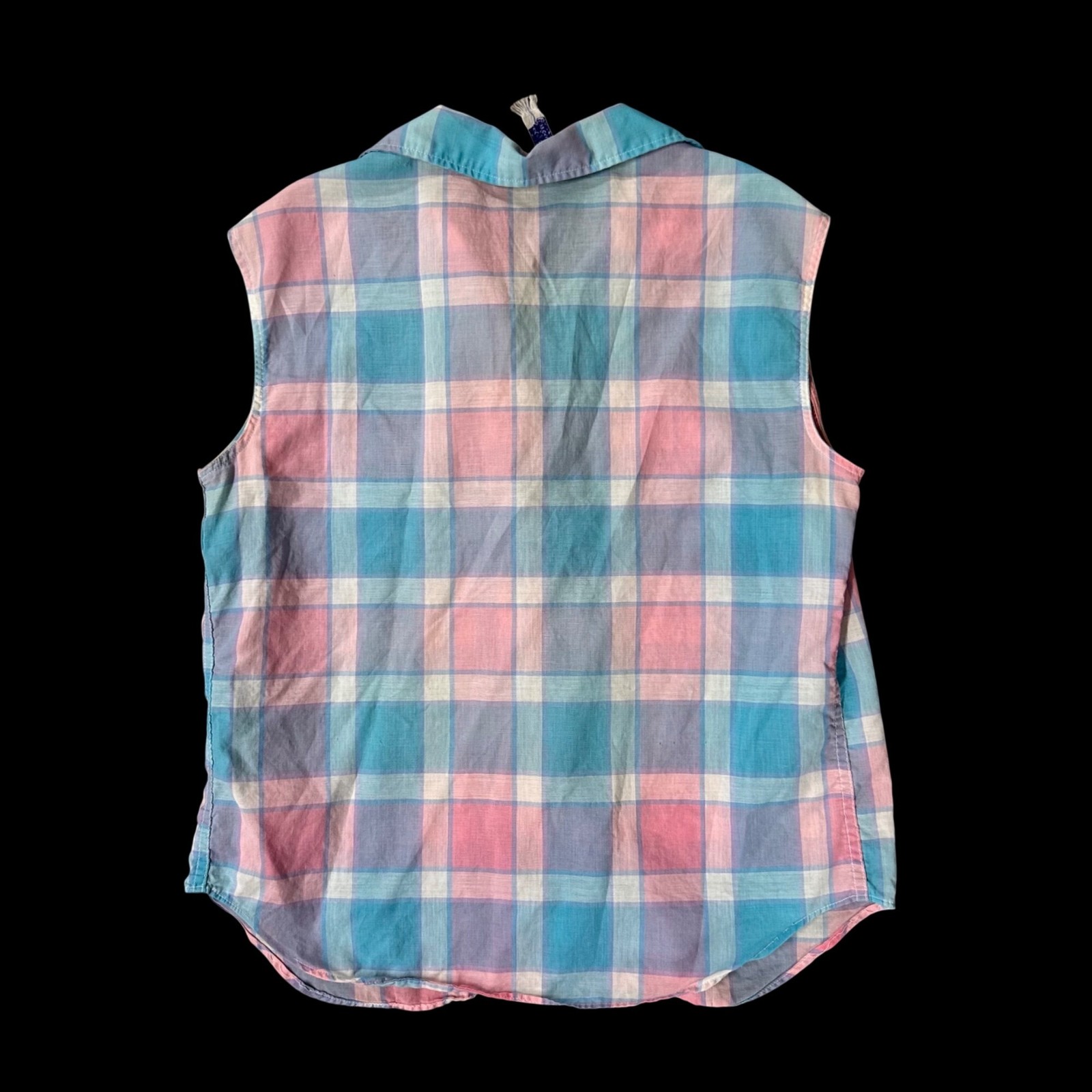 Vintage Sleeveless Plaid Button Up Shirt 1950s Sears Kerrybrooke USA Pink Blue