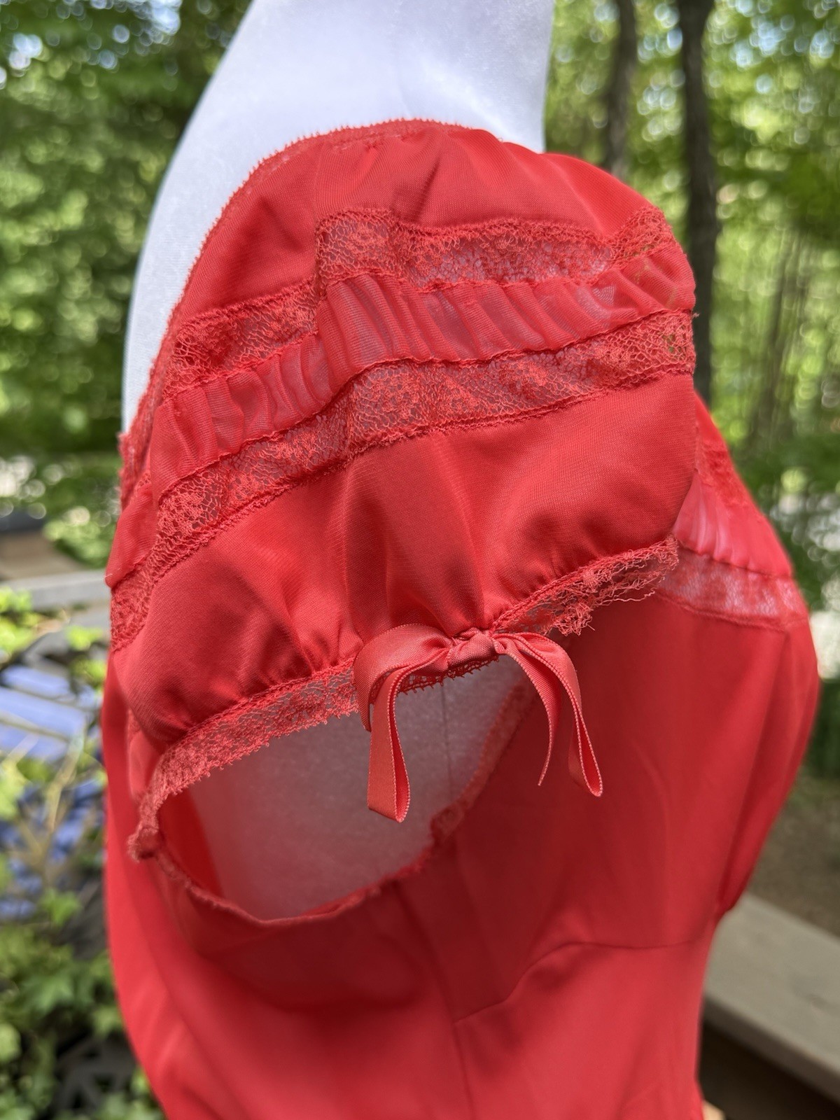 Vtg 60s Nightgown Chiffon Pleat Maxi Empire Goddess Siren Red Lace Nylon M 36 38