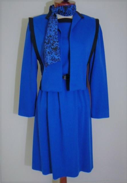 VINTAGE MOD JERRIE LURIE BLUE BLACK BELTED DAY DRESS JACKET SUIT & SCARF 10 NWOT