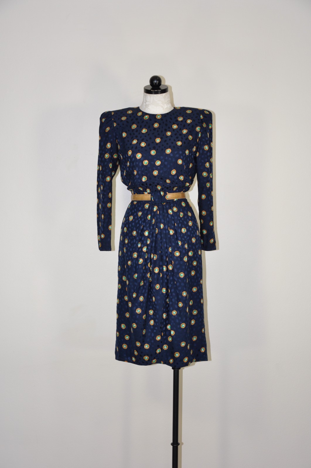 80s Vintage Navy Blue Silk Gemstone Print Puff Sleeve Back Buttons Dress Women S