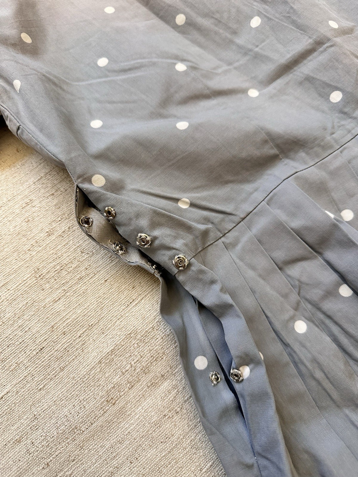 1950s Vintage Handmade French Cotton Farm Chore Dress Polkadot Grey Faded Small