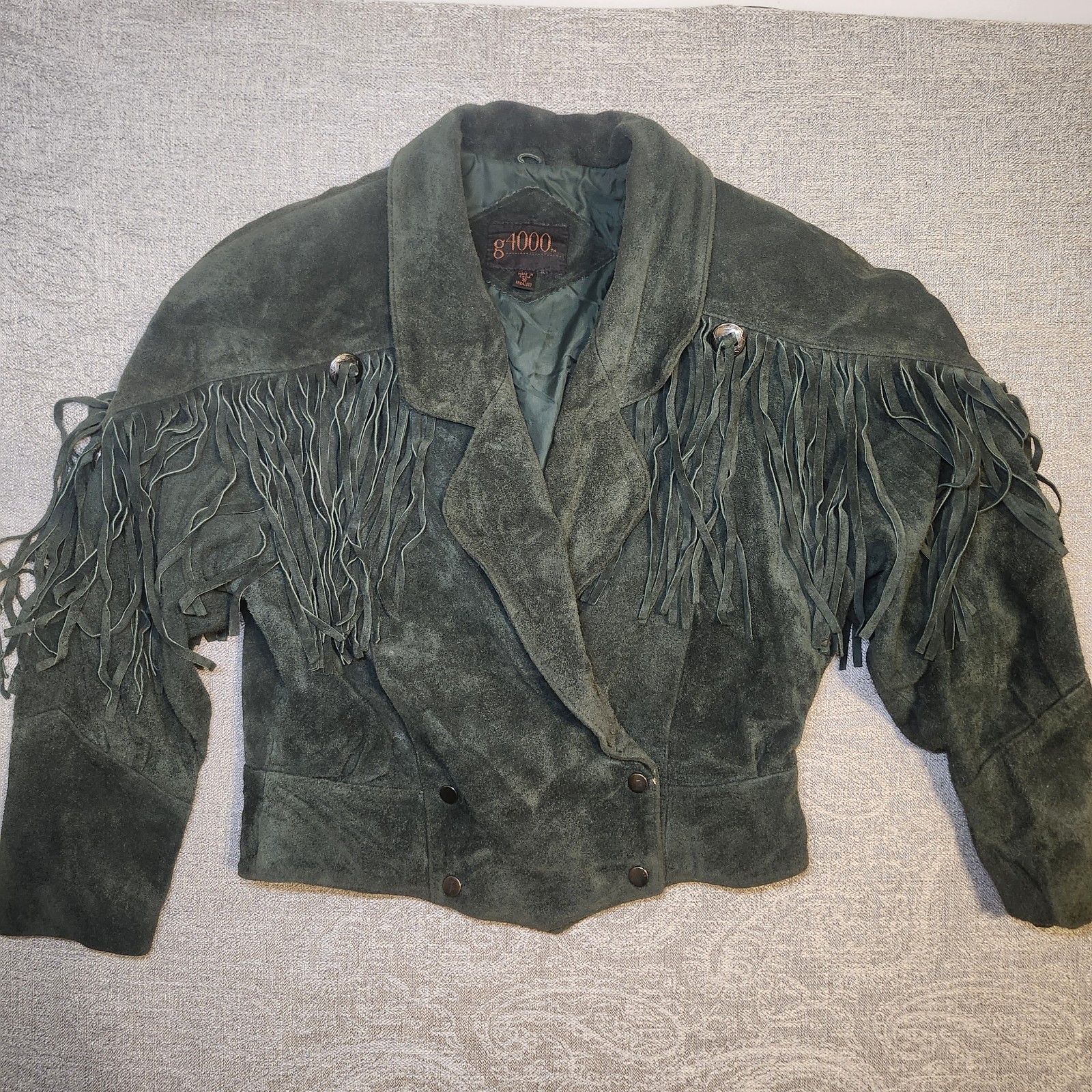 Vintage G4000 1993 Suede Fringe Jacket Small Green Cropped Western Biker Leather
