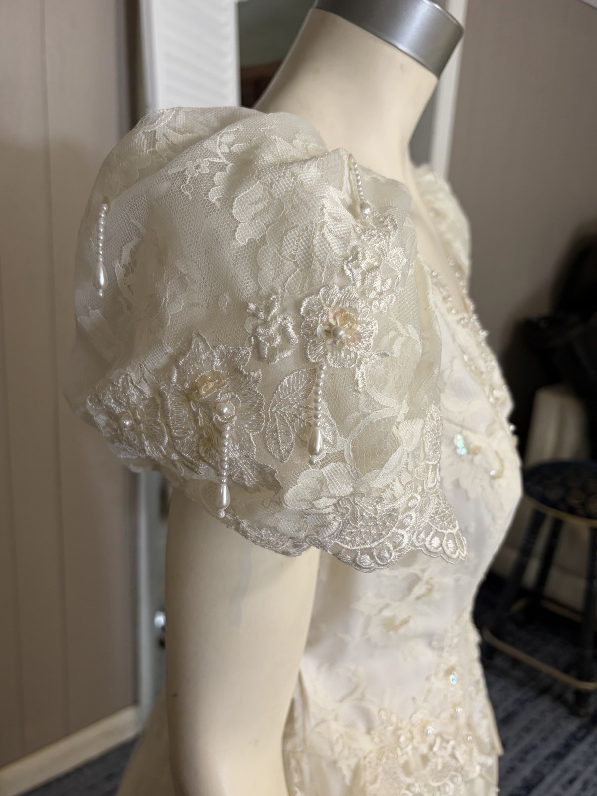 1990’s Puff Sleeve Lace Midi Wedding Dress Cottage Core Sz 12