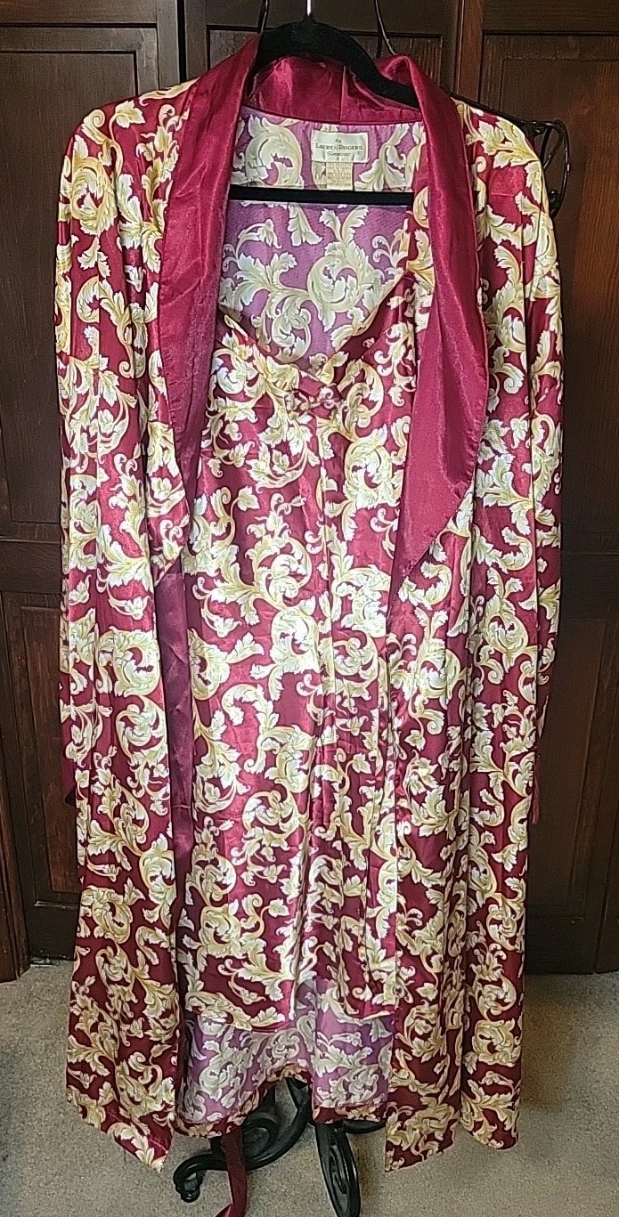 Vtg Lauren Rogers Silky & Satiny Nightgown & Robe Linegerie Pajama Set 1X EUC