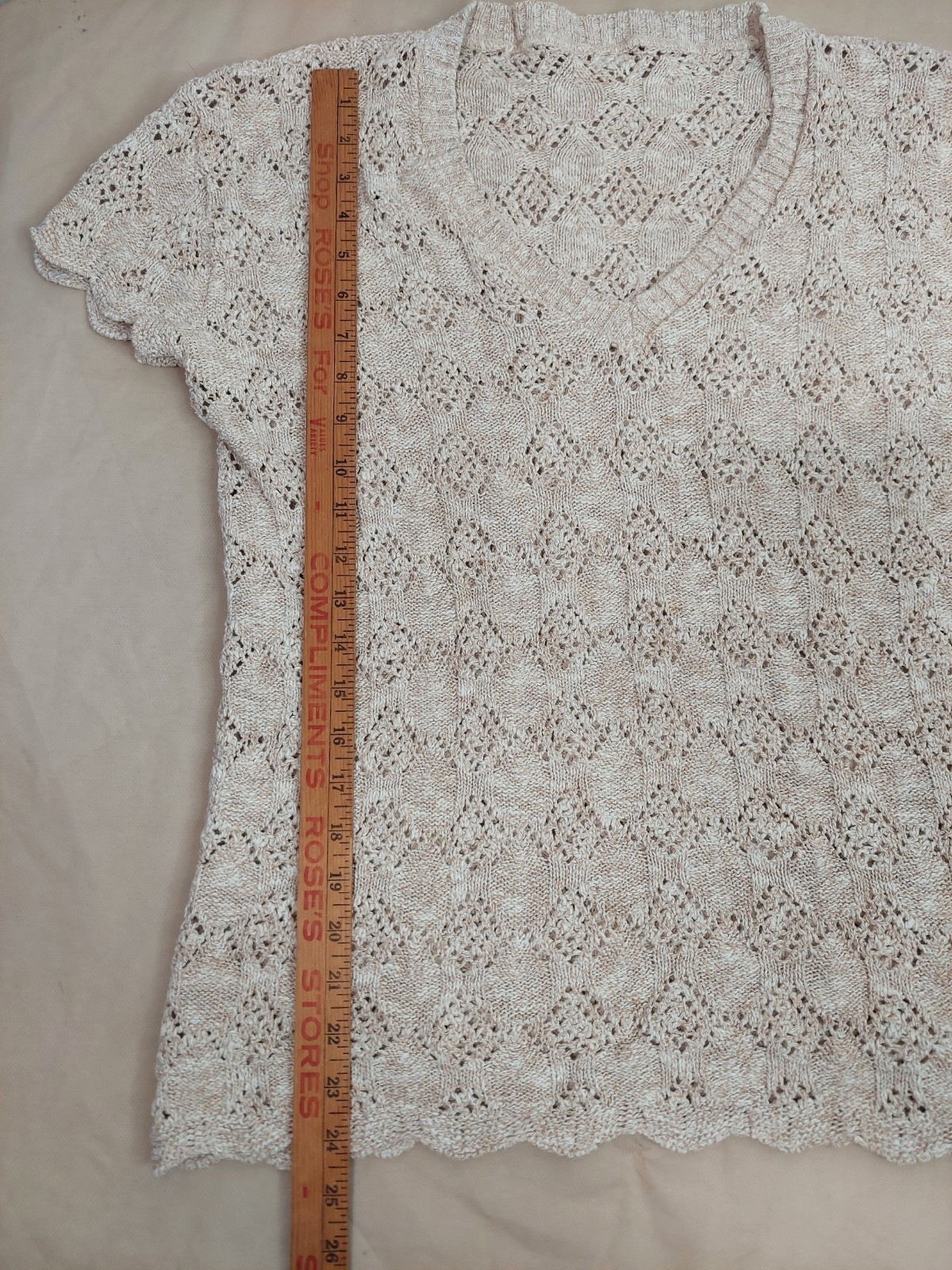 Vintage Y2K Cream Lace Knit Top Scalloped Hem Boho Cottagecore Short Sleeve…