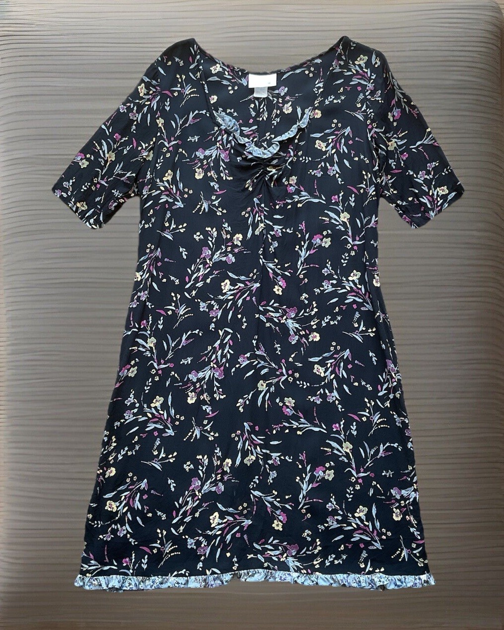 VTG 90s 701 CALIFORNIA Crepe Black Floral Duster Kaftan Muumuu Womens Sz L
