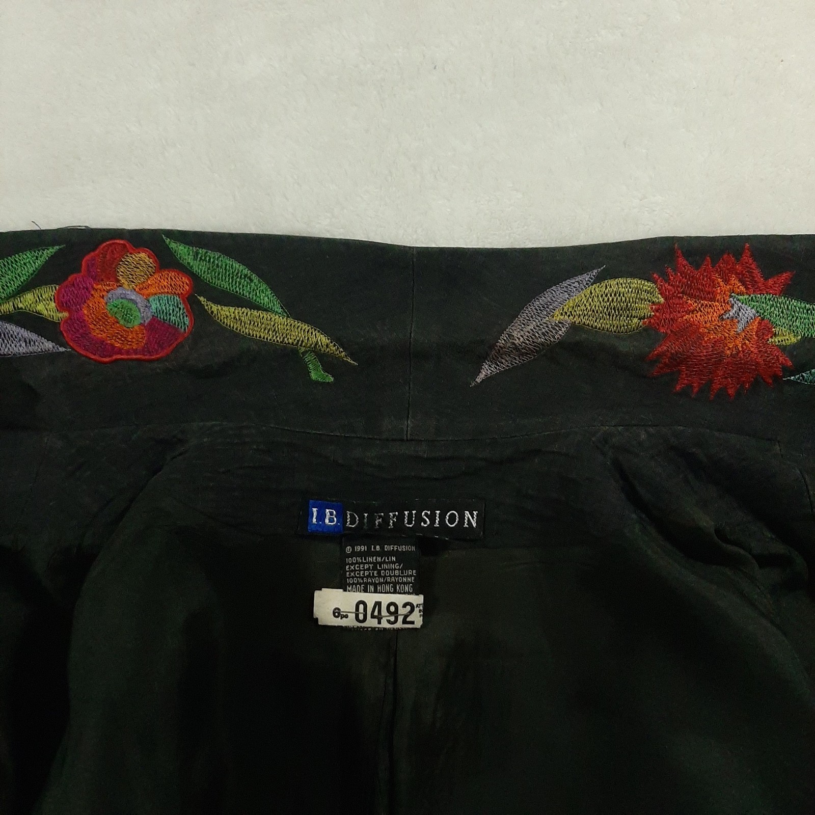 I.B. Diffusion 1990s VTG Black Linen Floral Embroidered Blazer Jacket Size S