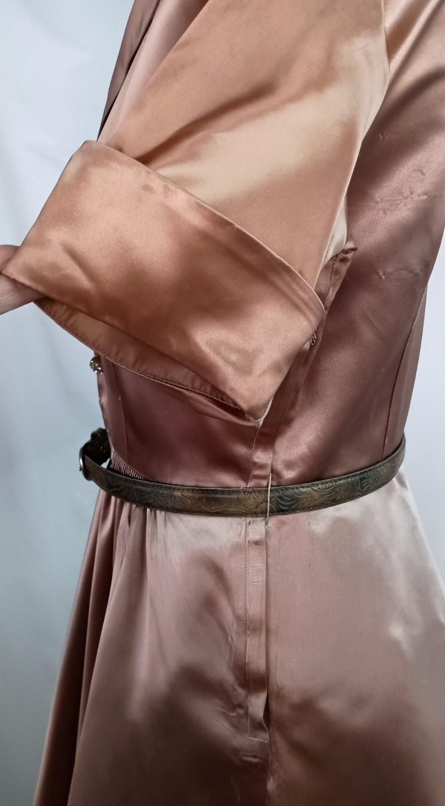 Vintage 50’s Gold Rayon Satin Shirtwaist Short Sleeve Dress & Belt Medium