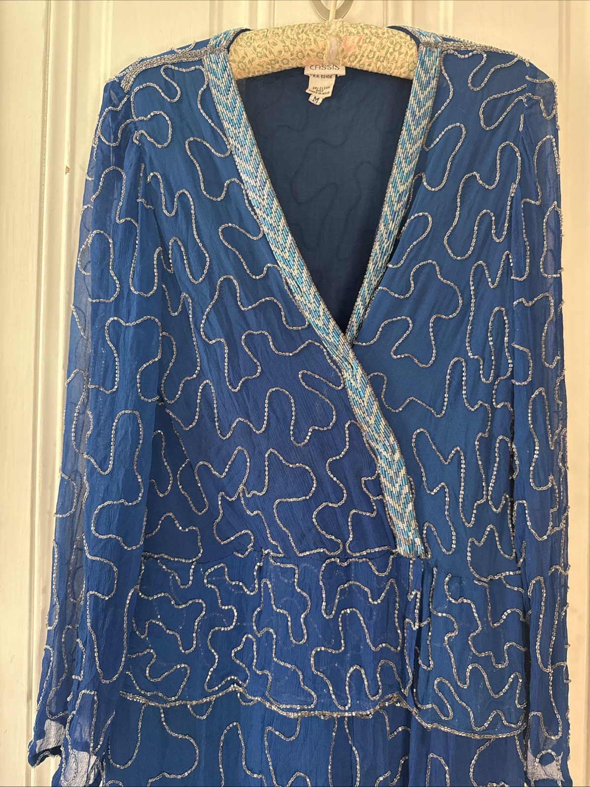 Vintage 80s Glam Cassis- Blue & Silver Hand Beaded Silk Midi Dress – Size M