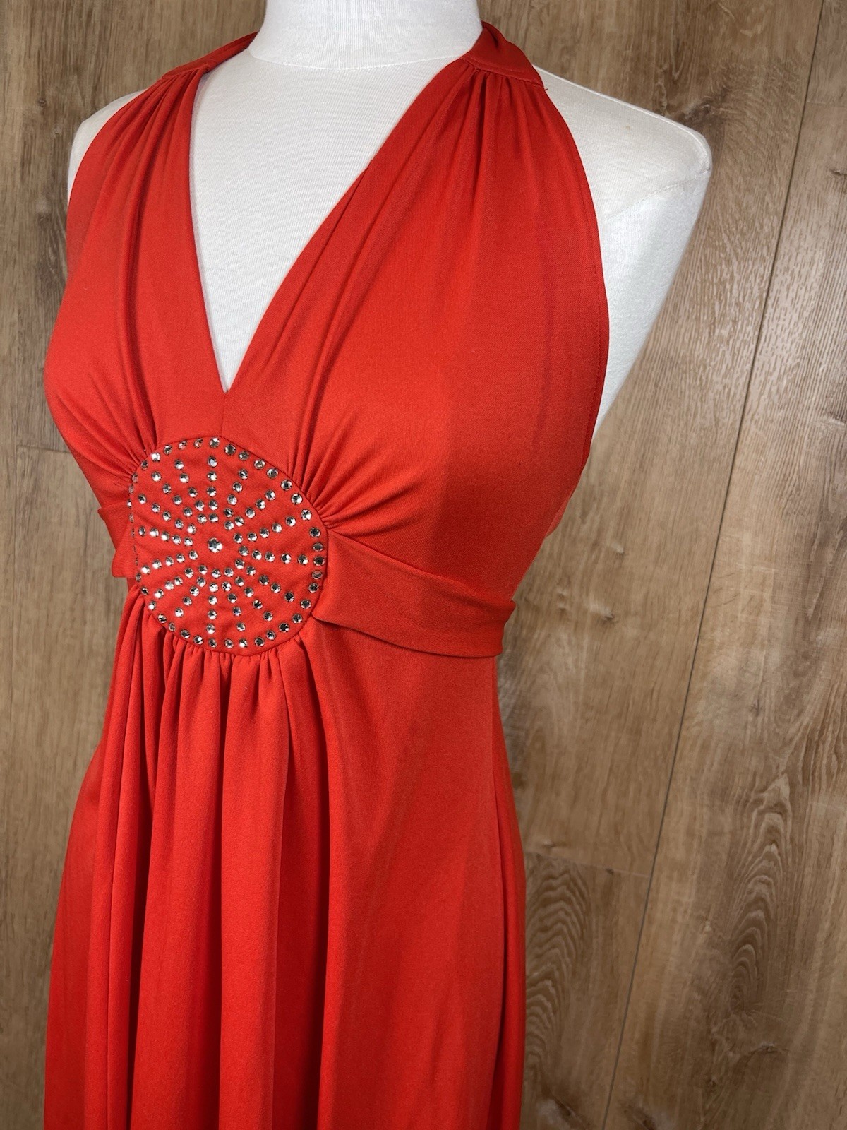 Vintage 1970’s Orange Red Halter Maxi Dress W Rhinestones As Is