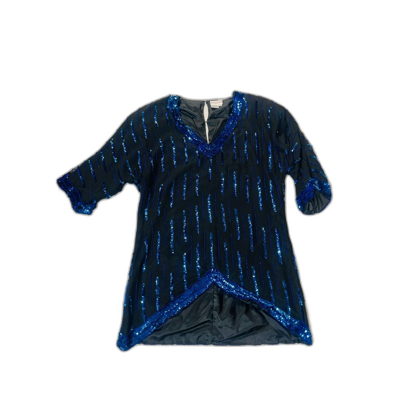 VTG Courtenay Black 100% Silk Royal Blue Beaded Blouse Tunic Retro Glam WHIMSY