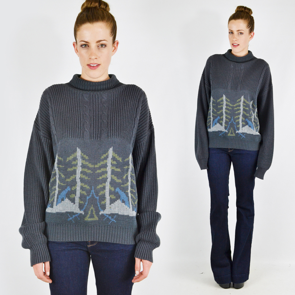 Vtg 80s Forest Camping Scene Novelty Print Cable Knit Oversized Sweater S M L XL