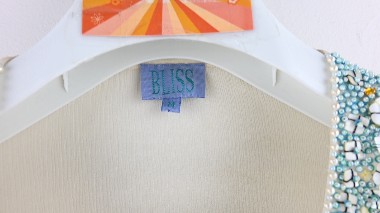 Vintage Bliss 100% silk long sleeve blouse in ecru with bead trim size M