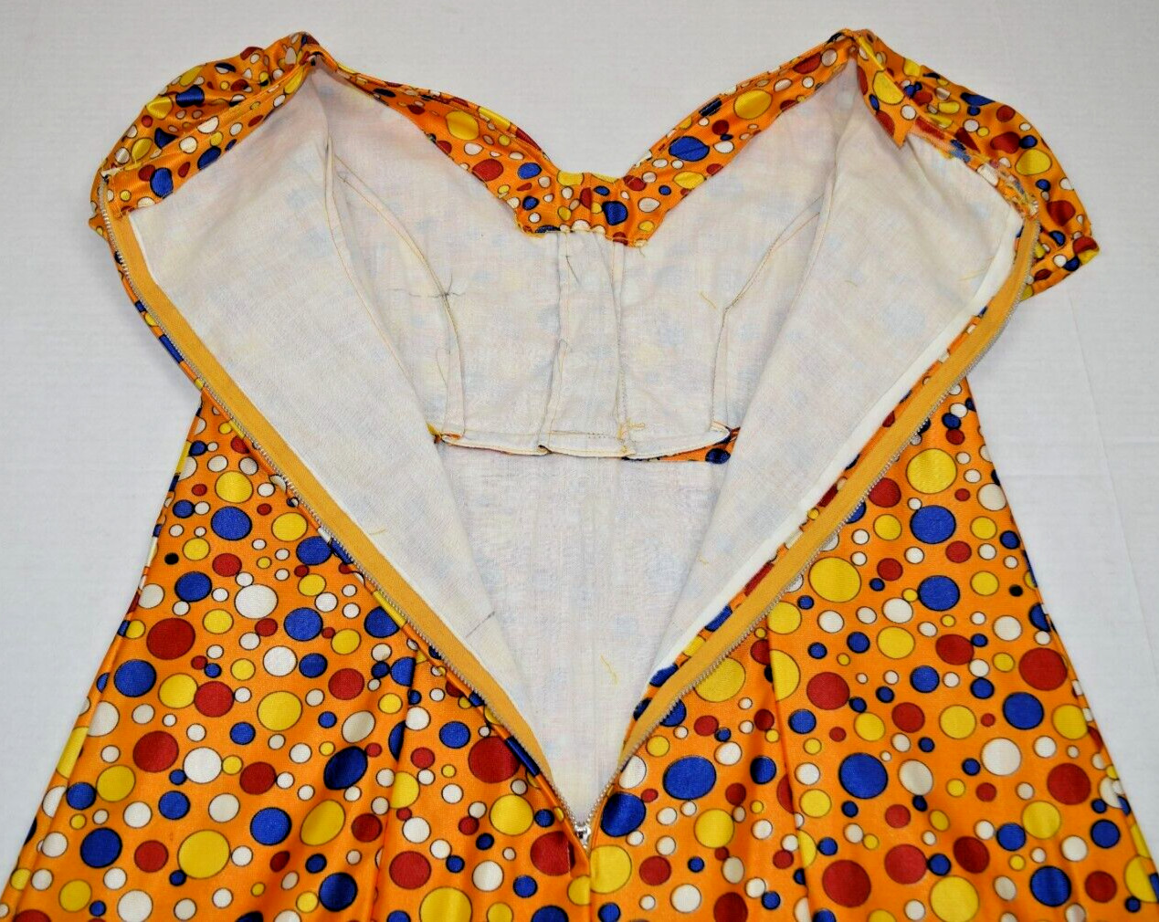 Vintage Mini Dress Size S/M 60s Shiny Orange Red Blue Polka Dot Cute Clown Lined