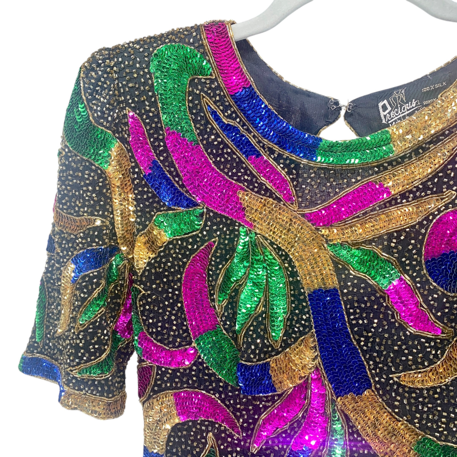 Precious Moments Vintage Sequined Dress Small Multi 100% Silk Beaded Sheath