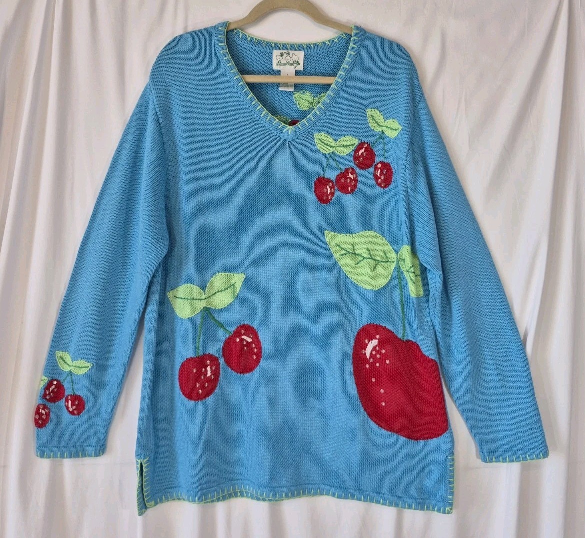 Vintage The Quacker Factory Blue Red Cherry Embroidered Pullover Sweater Large