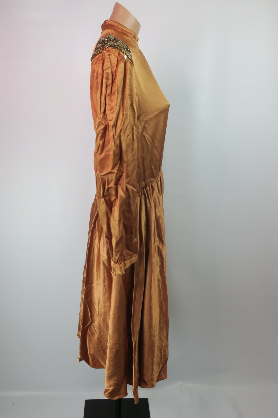 VTG 80s Bronze Gold Metallic House Dress Jonathan Hitchcock Sequin Fit Flare M/L