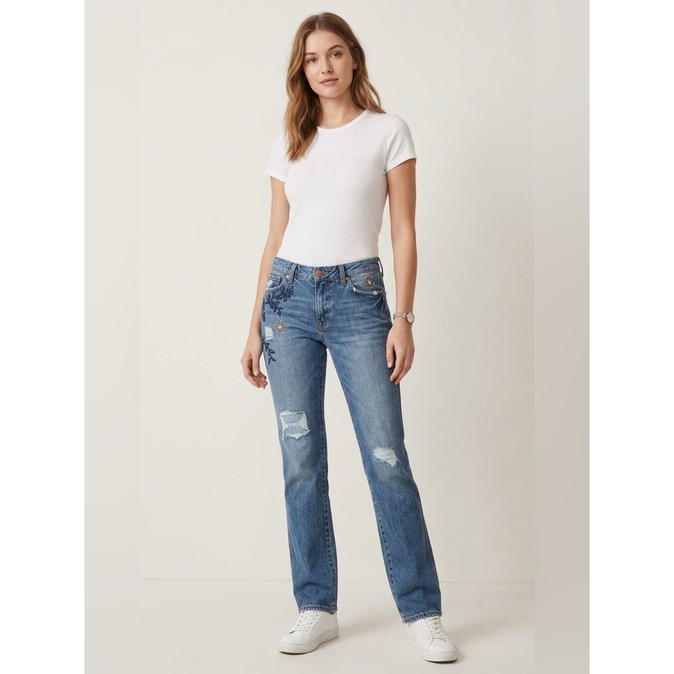 7 For All Mankind x The Great China Wall Vintage Embroidered Distressed Jeans