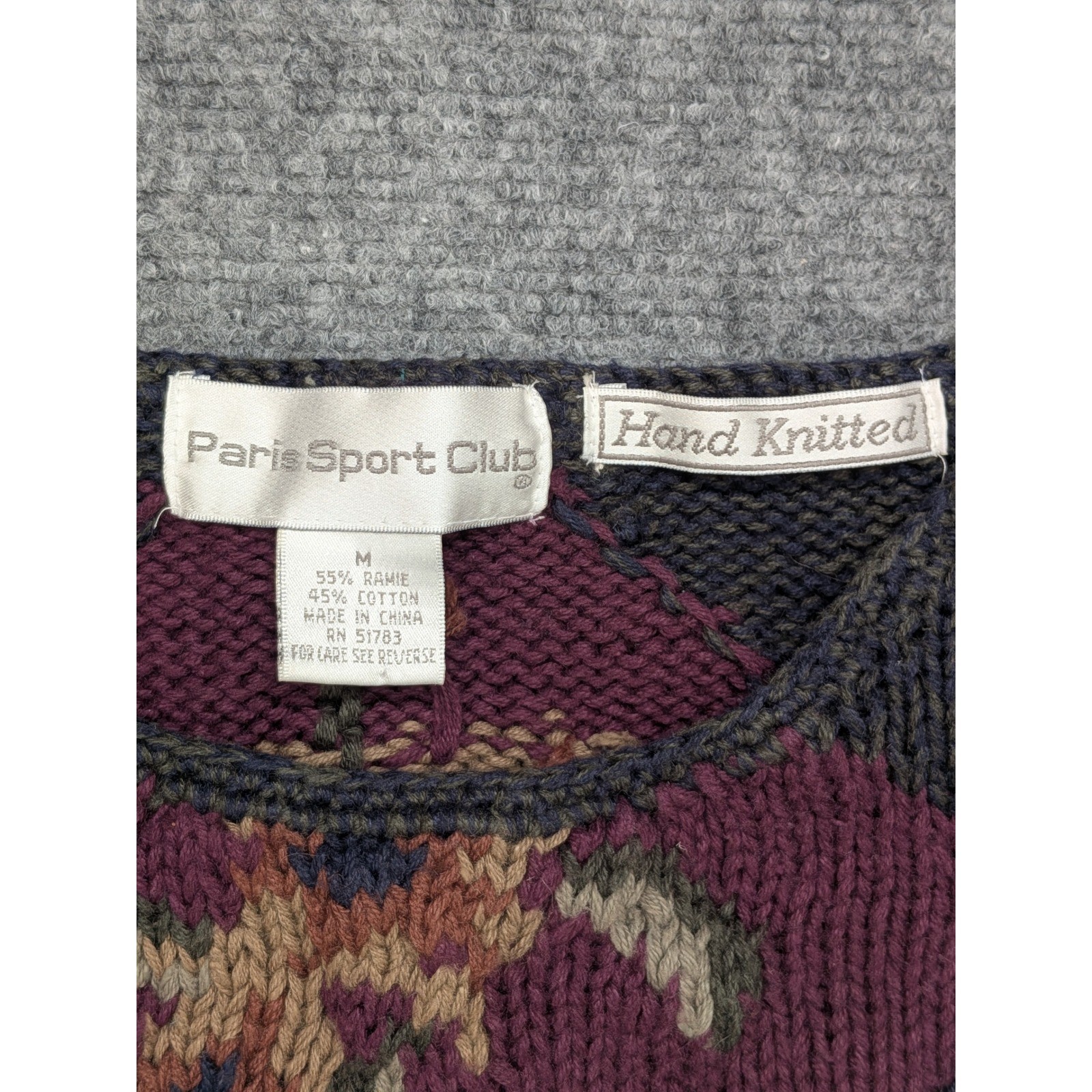 Vintage Paris Sport Club Sweater M Hand Knitted Floral Diamond Chunky Cottage