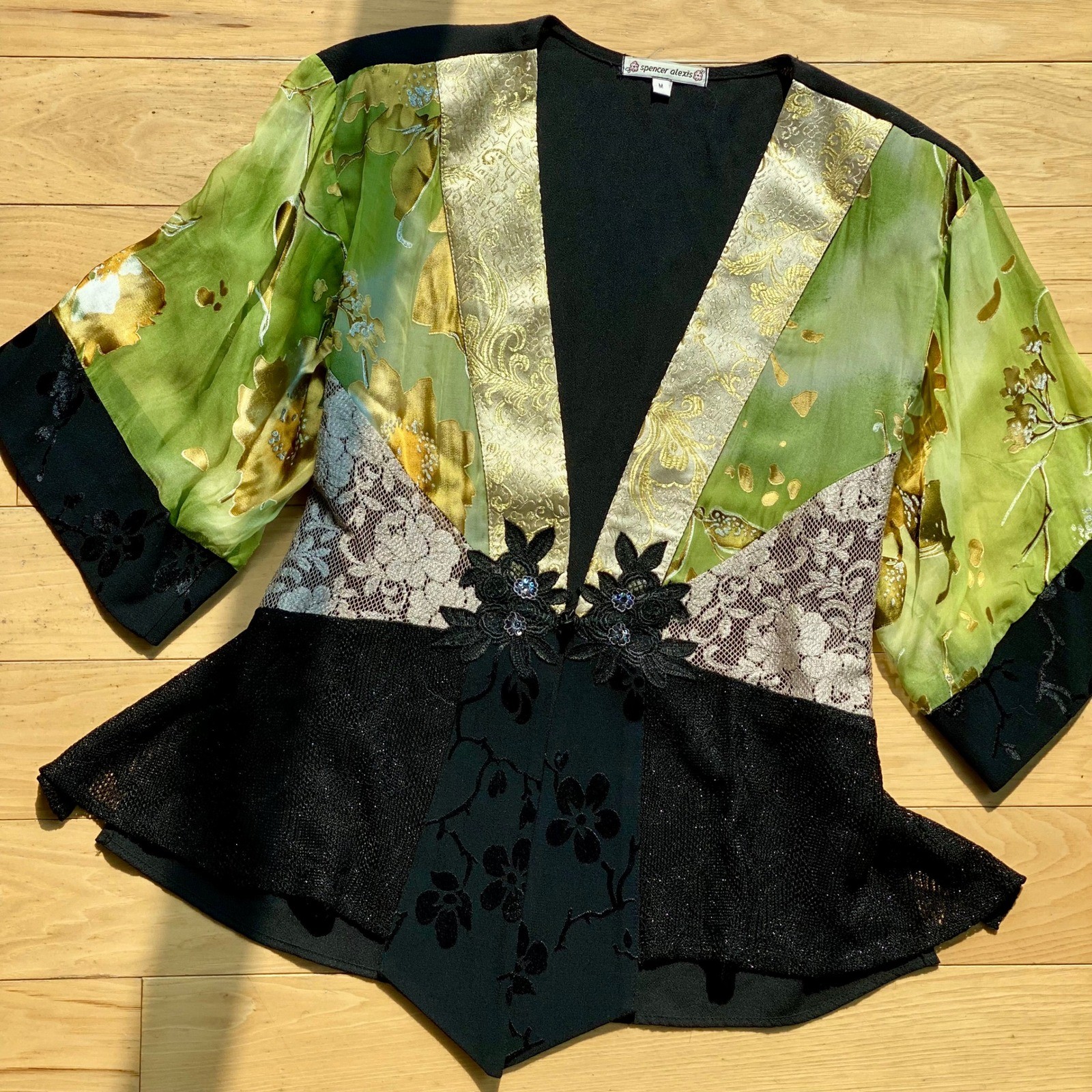 VTG 90s Boho Green Mixed Media Silk Lace Kimono Jacket Top Fairy Whimsy Chic – M
