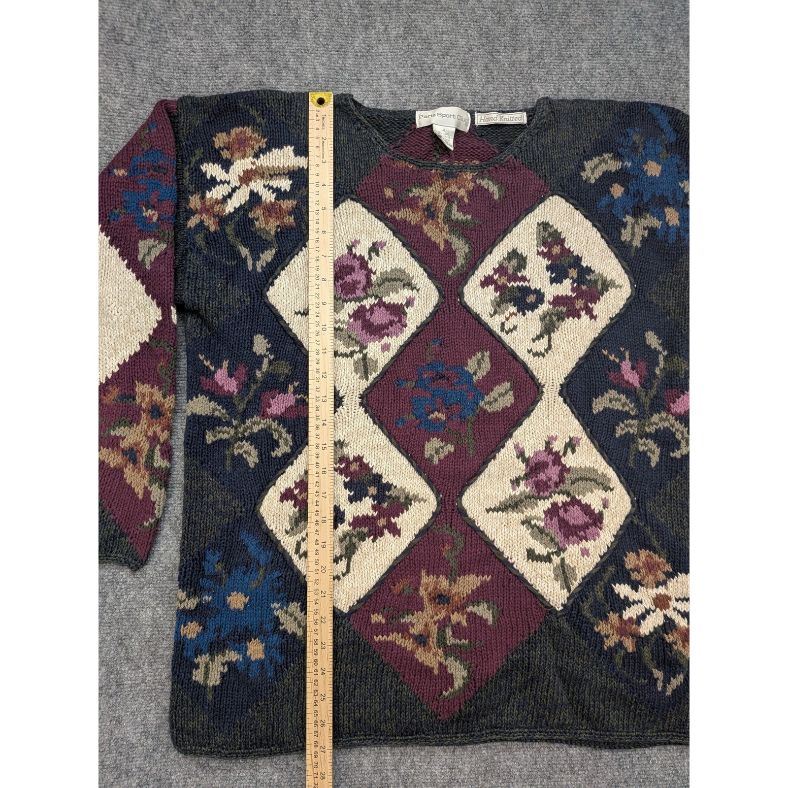 Vintage Paris Sport Club Sweater M Hand Knitted Floral Diamond Chunky Cottage