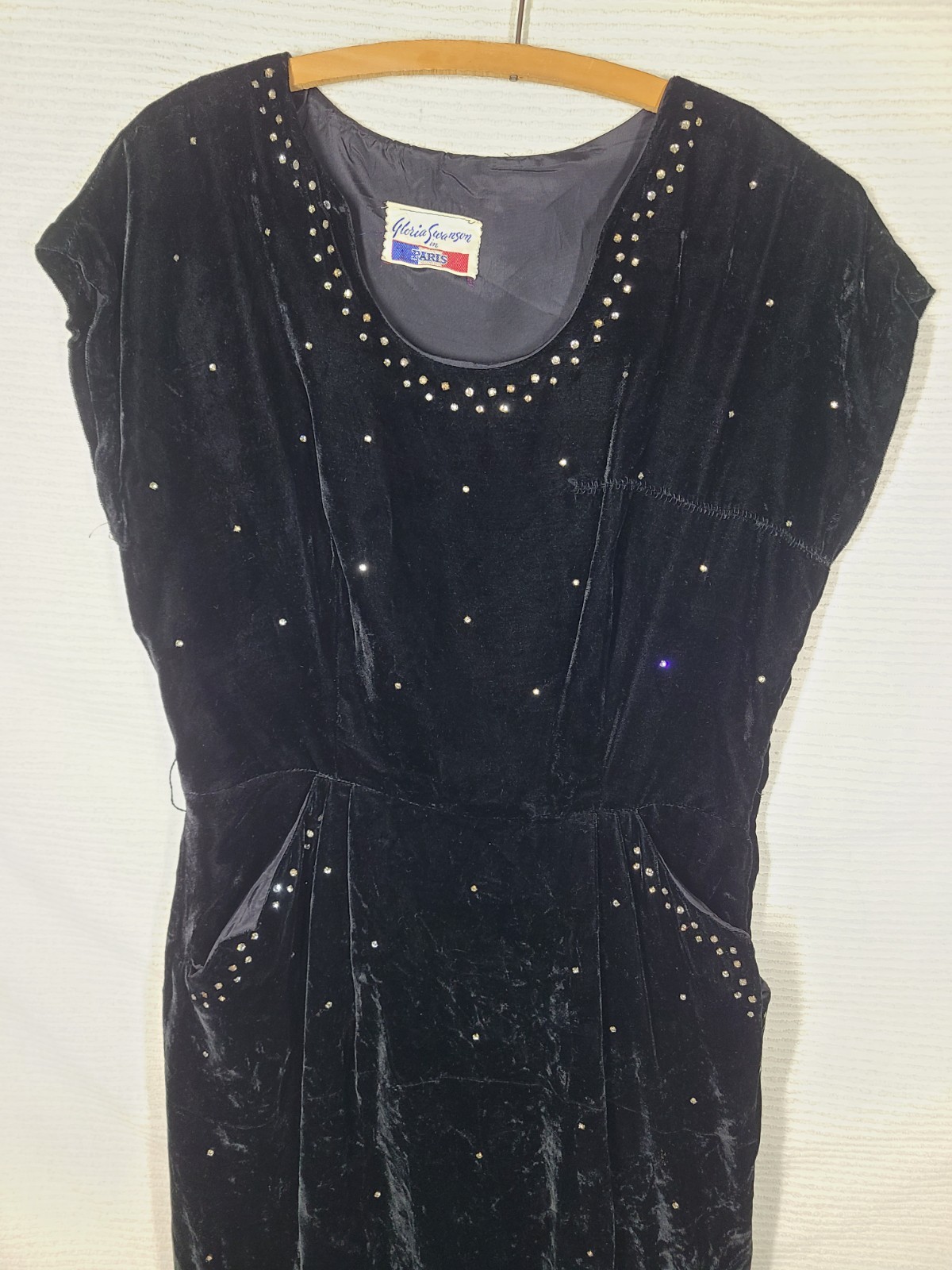 Vtg 40s Dress Black Velvet Night Sky Rhinestone wBelt Gloria Swanson Paris AsIs