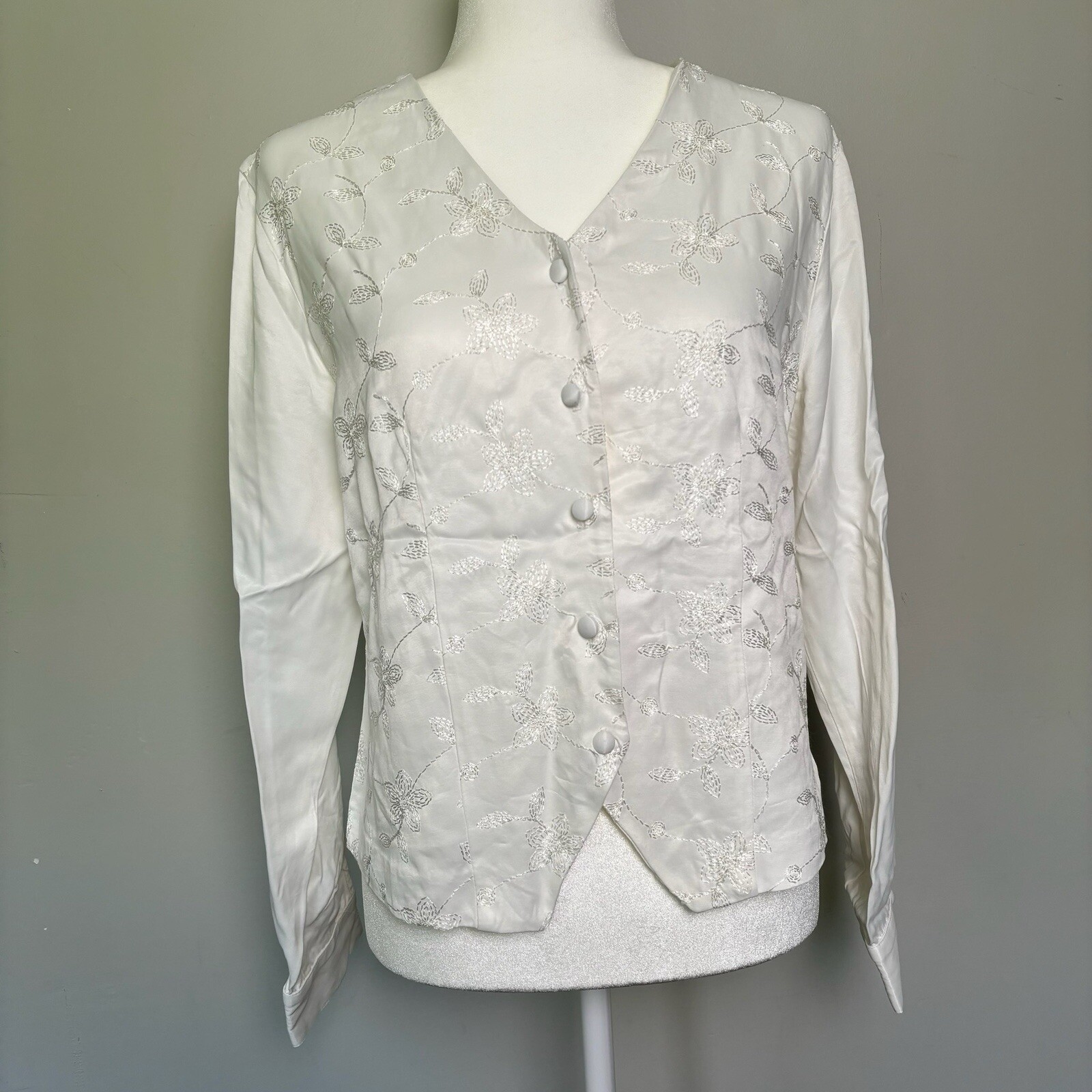 VTG 90s New York City Design Co White Button Down Floral Embroidered Top-L/12
