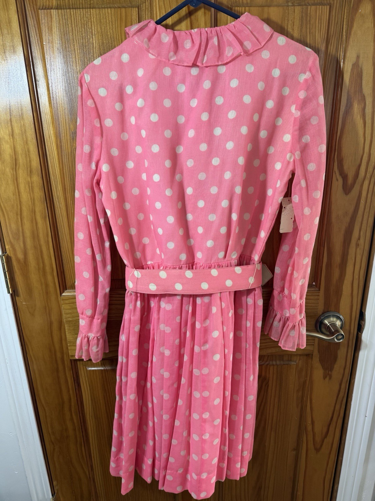 Vtg Secretary Ruffle Dress Gallant of California Pink Polka Dot Belted NWT Sz 16