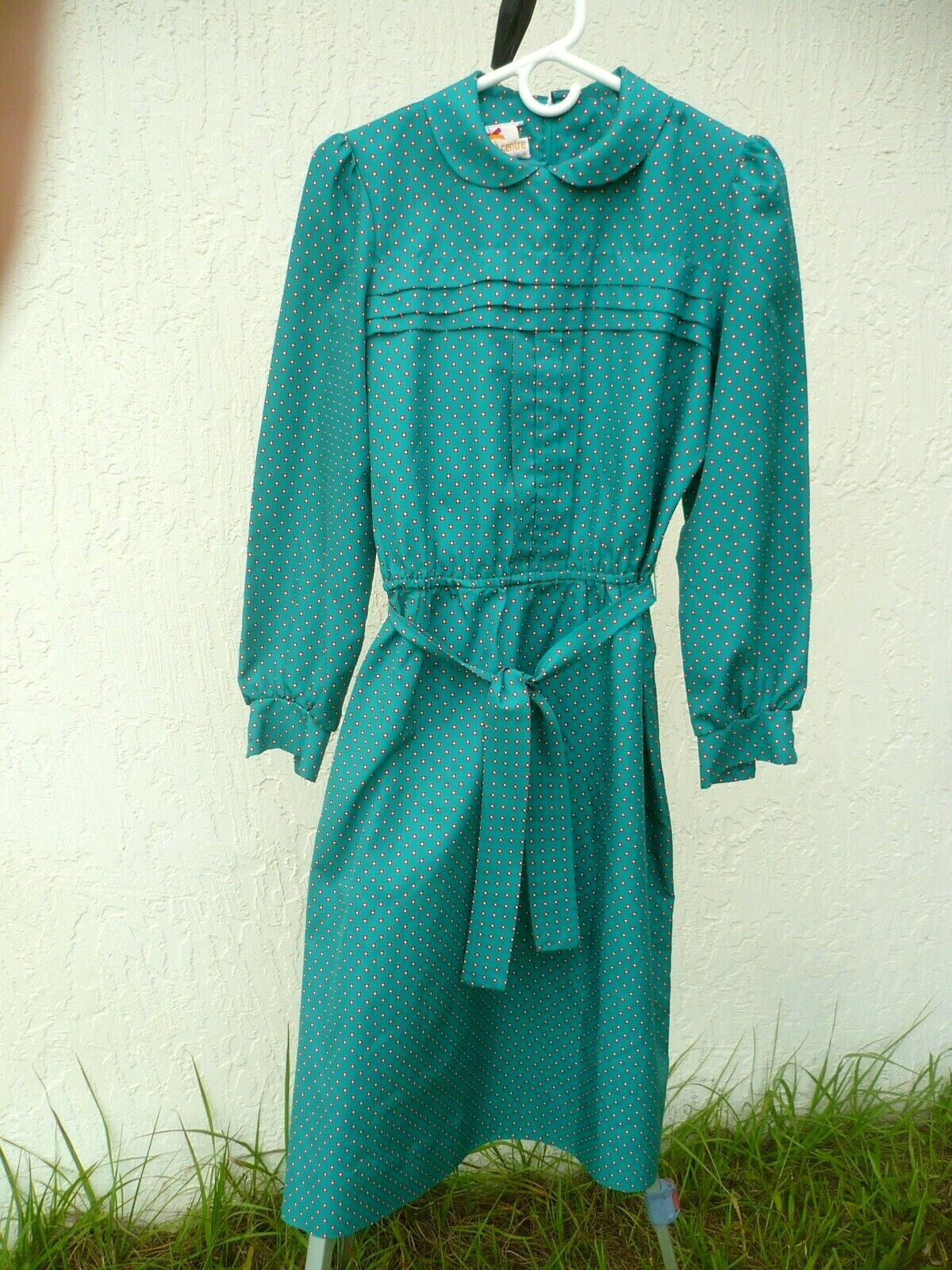 VTG 80S 12 L M NEWTON CENTRE PETER PAN COLLAR SECRETARY DRESS SILKY BELT USA WOM