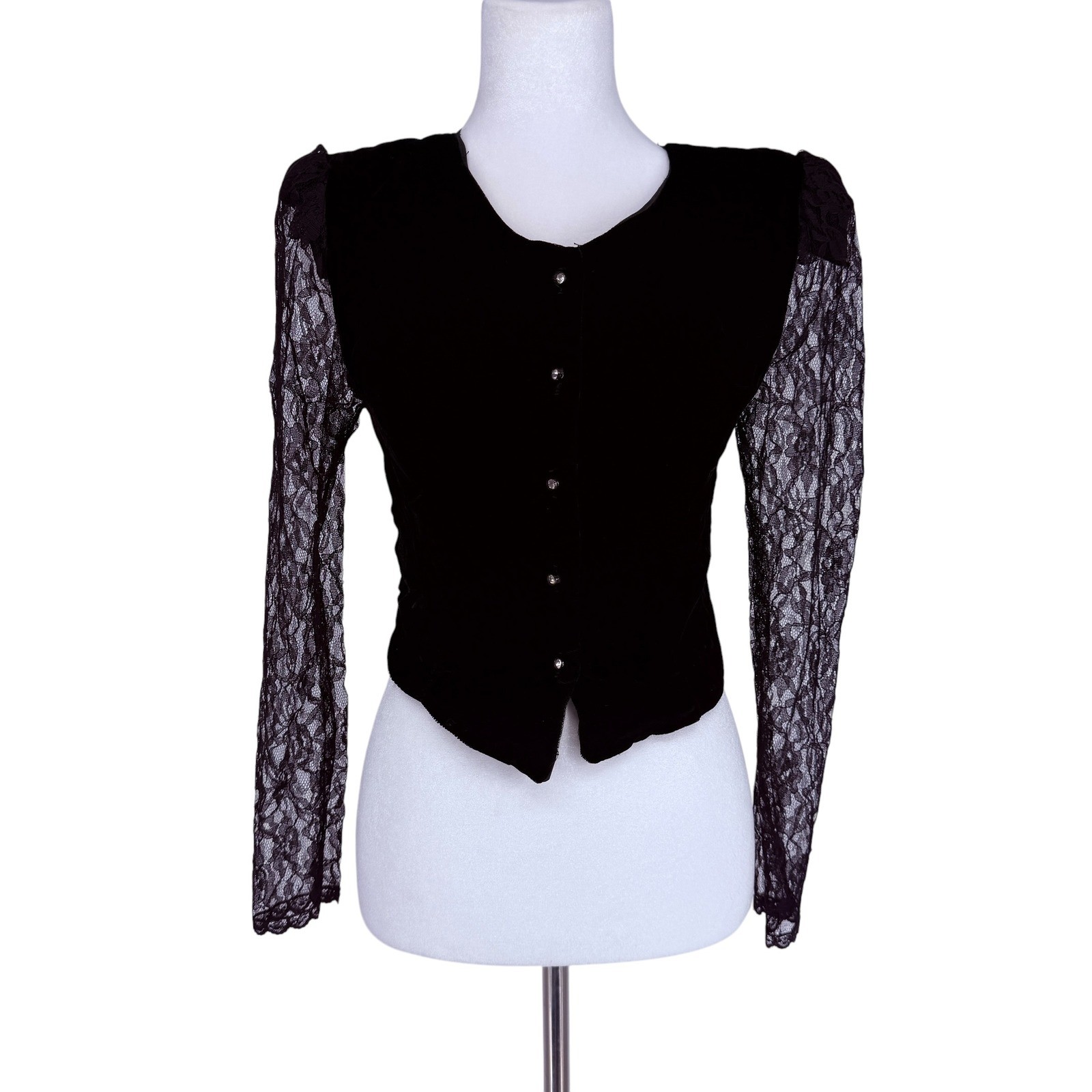Vintage 80s Black Velvet Lace Long Sleeve Cropped Evening Top Jacket Goth Glam