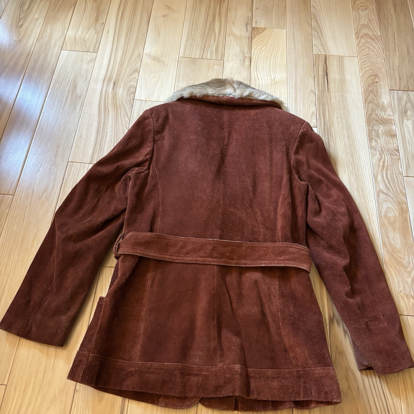 Vintage 70’s Genuine Suede Leather Rabbit Fur Collar Belted Jacket